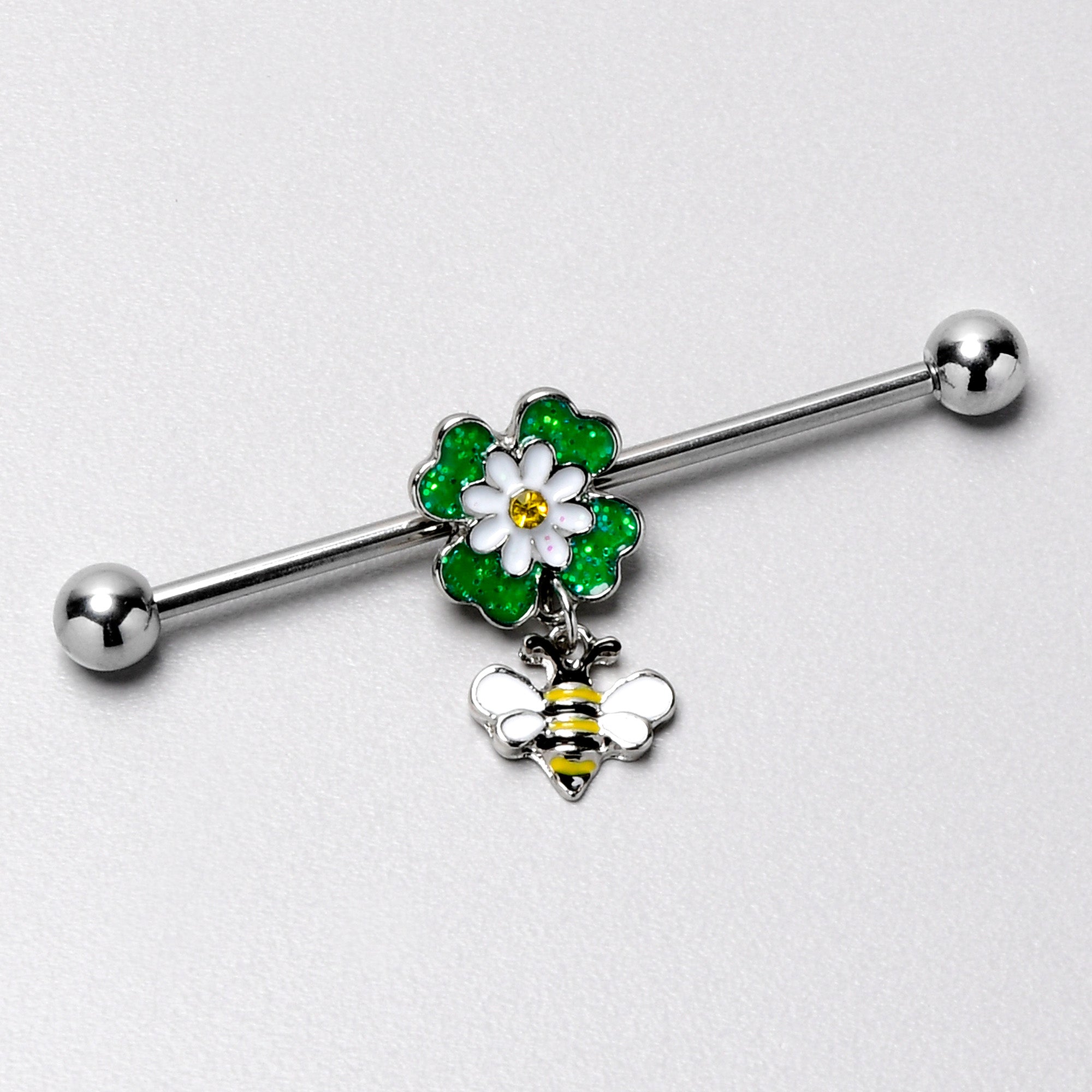 14G Yellow Gem Daisy Bee Glittery Dangle Industrial Barbell 38mm