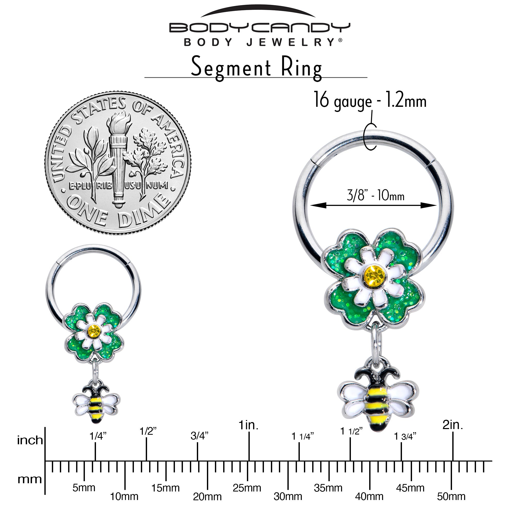16G 3/8 Yellow Gem Daisy Bee Glitter Dangle Hinged Segment Ring