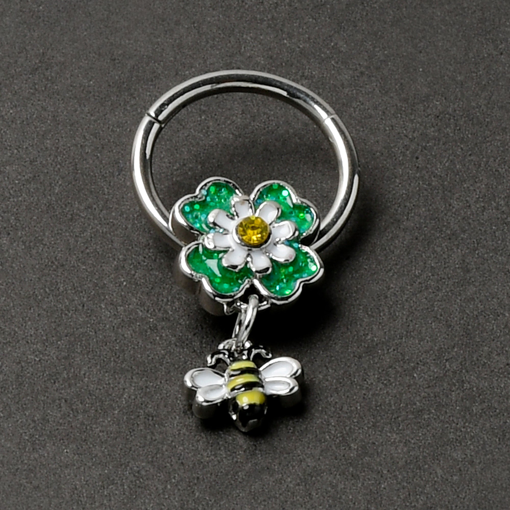 16G 3/8 Yellow Gem Daisy Bee Glitter Dangle Hinged Segment Ring