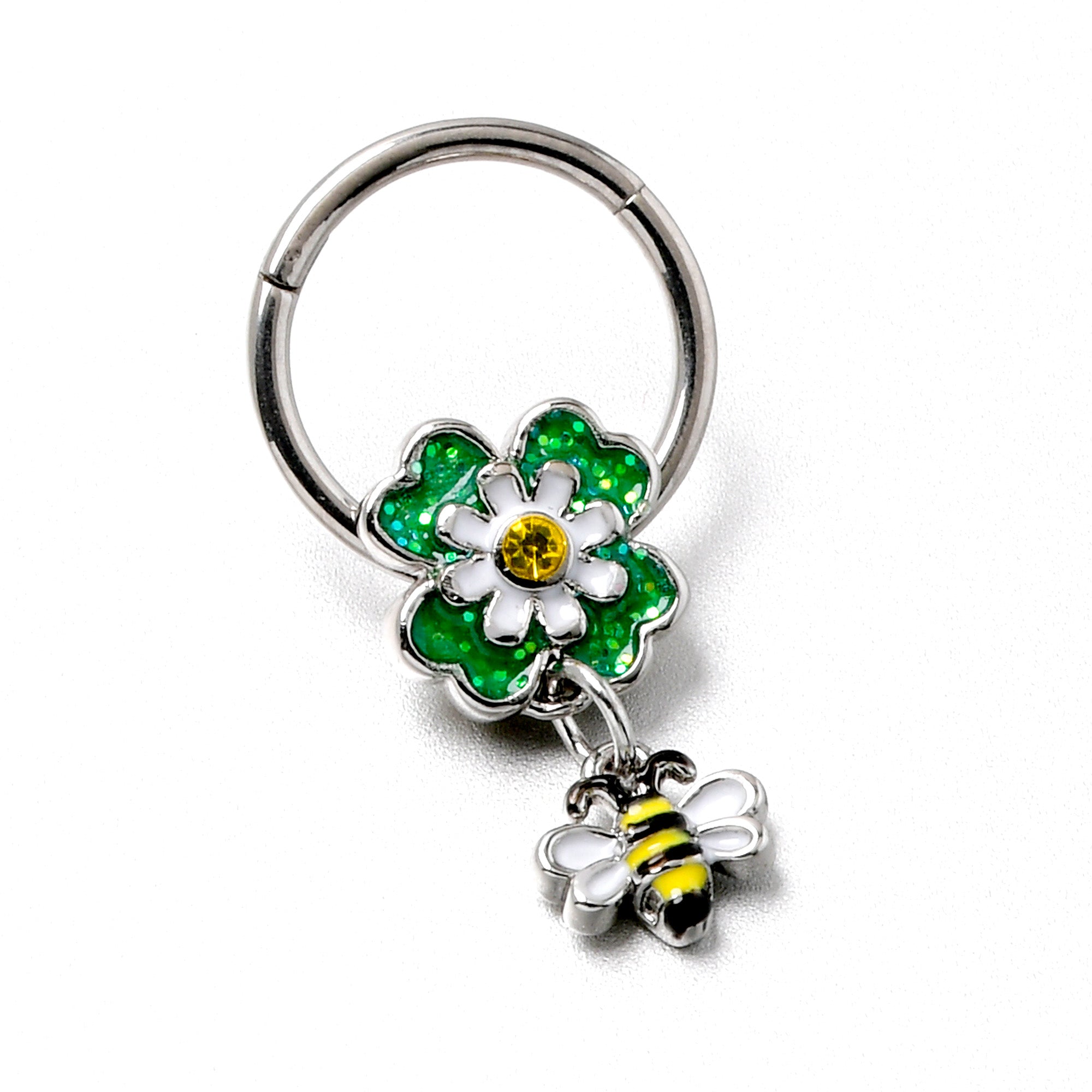 16G 3/8 Yellow Gem Daisy Bee Glitter Dangle Hinged Segment Ring