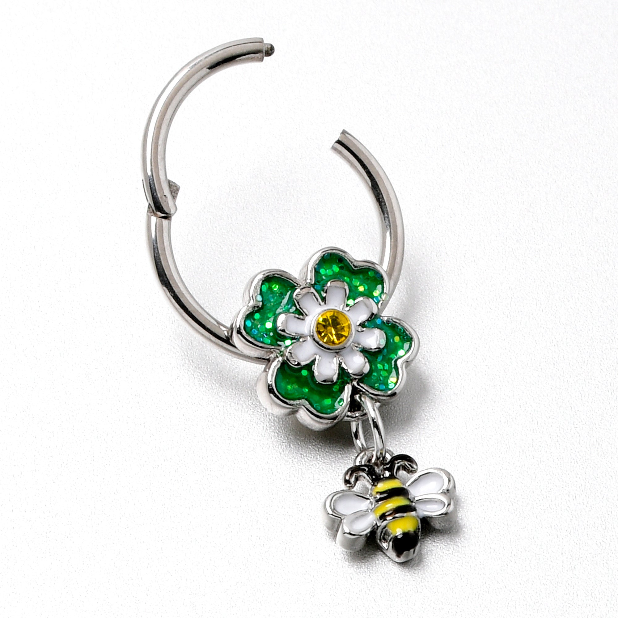 16G 3/8 Yellow Gem Daisy Bee Glitter Dangle Hinged Segment Ring