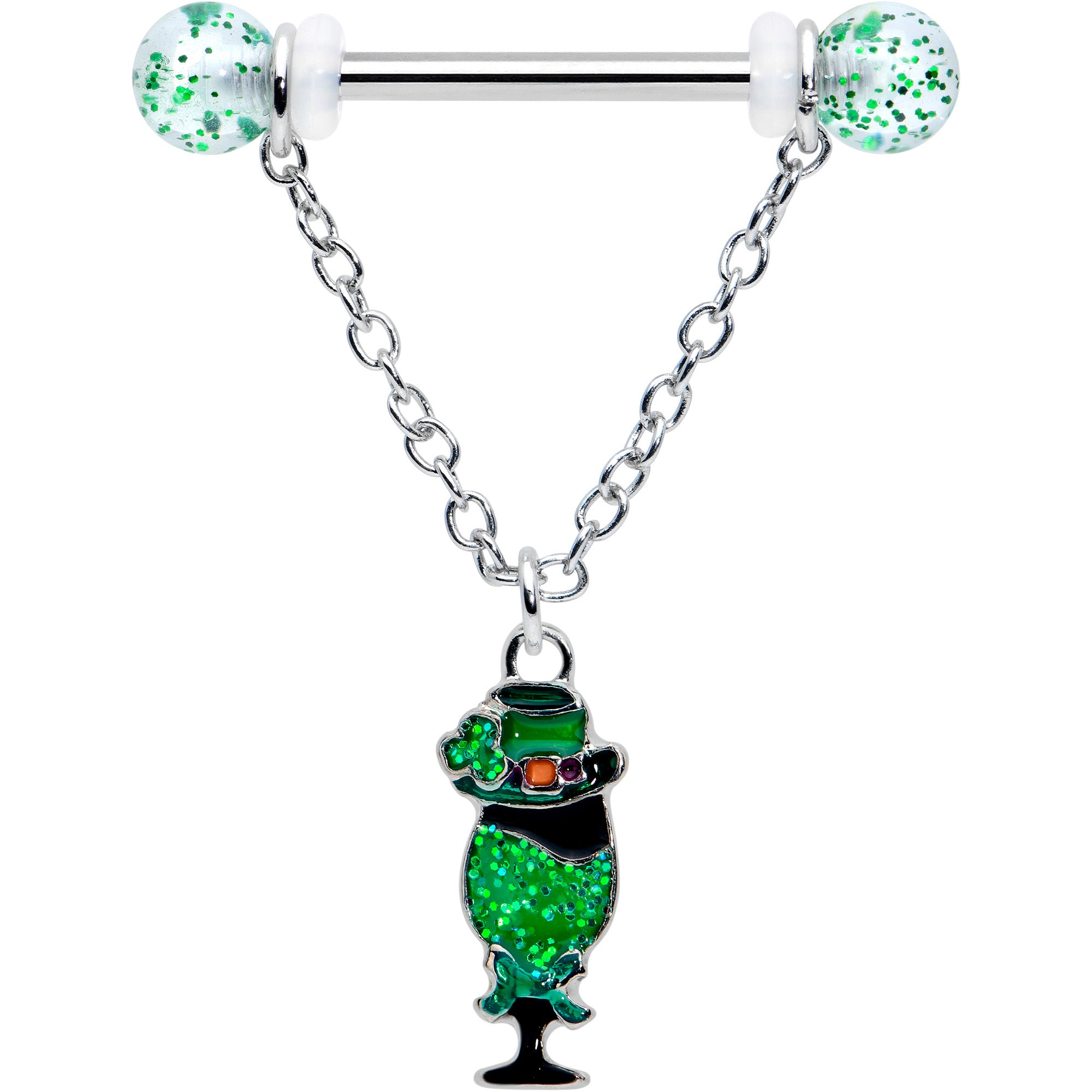 14G 9/16 Fancy Leprechaun St Patricks Chain Dangle Nipple Ring Set