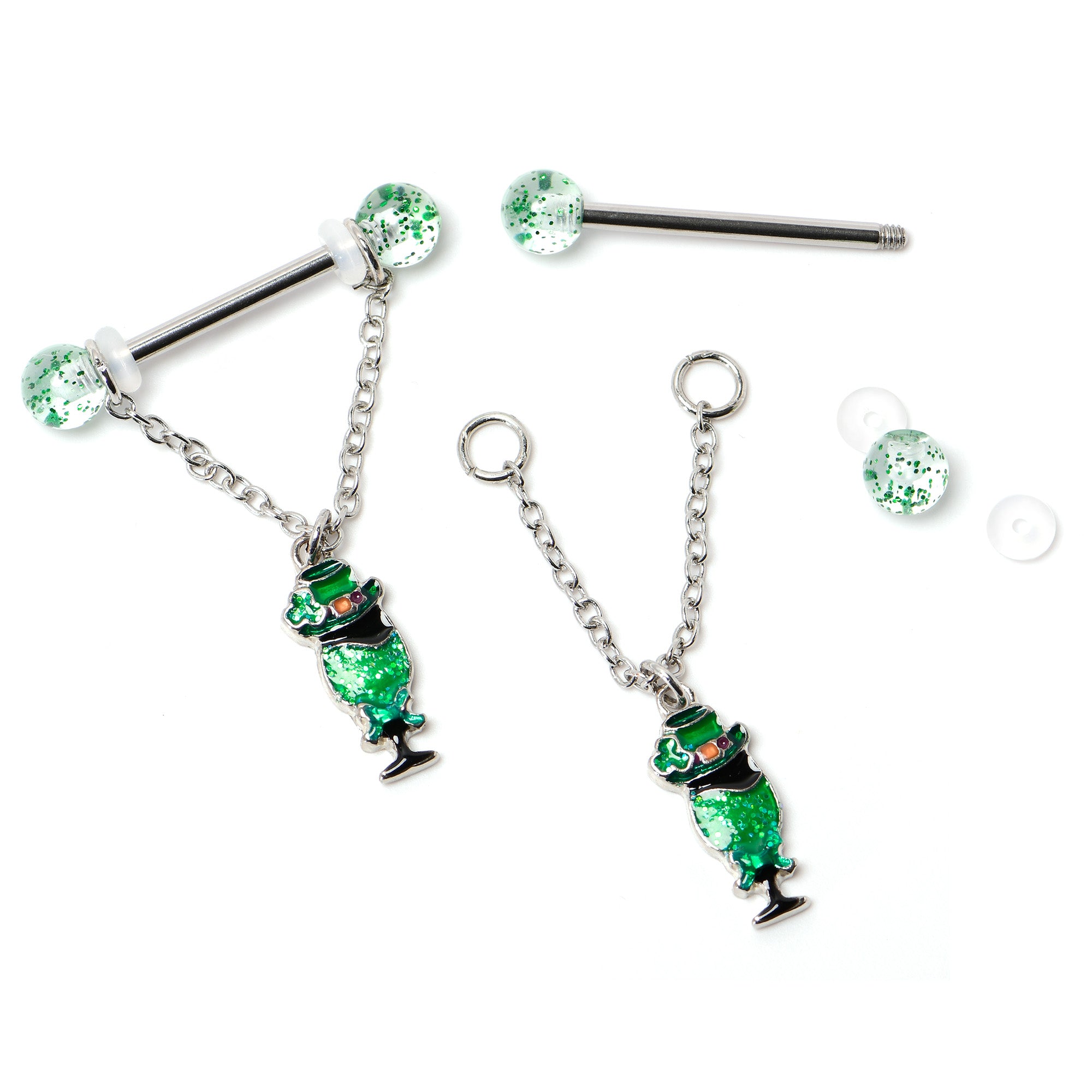 14G 9/16 Fancy Leprechaun St Patricks Chain Dangle Nipple Ring Set