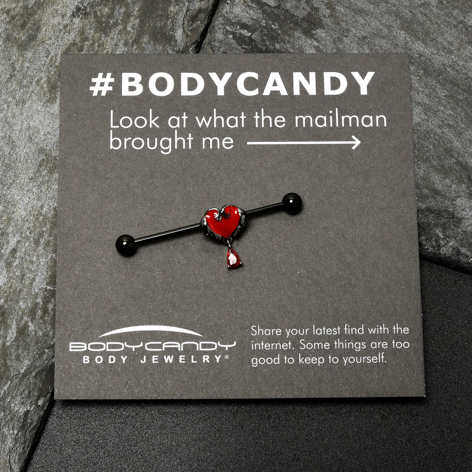 14G Red CZ Gem Black Duo Skull Heart Dangle Industrial Barbell 38mm