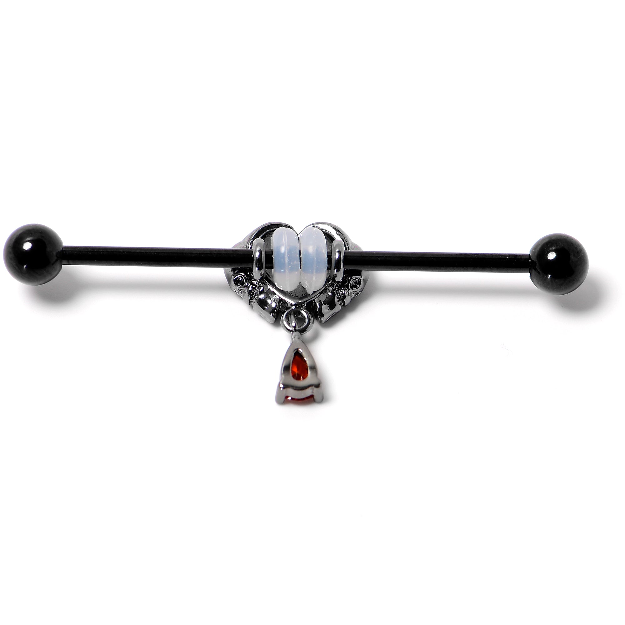 14G Red CZ Gem Black Duo Skull Heart Dangle Industrial Barbell 38mm