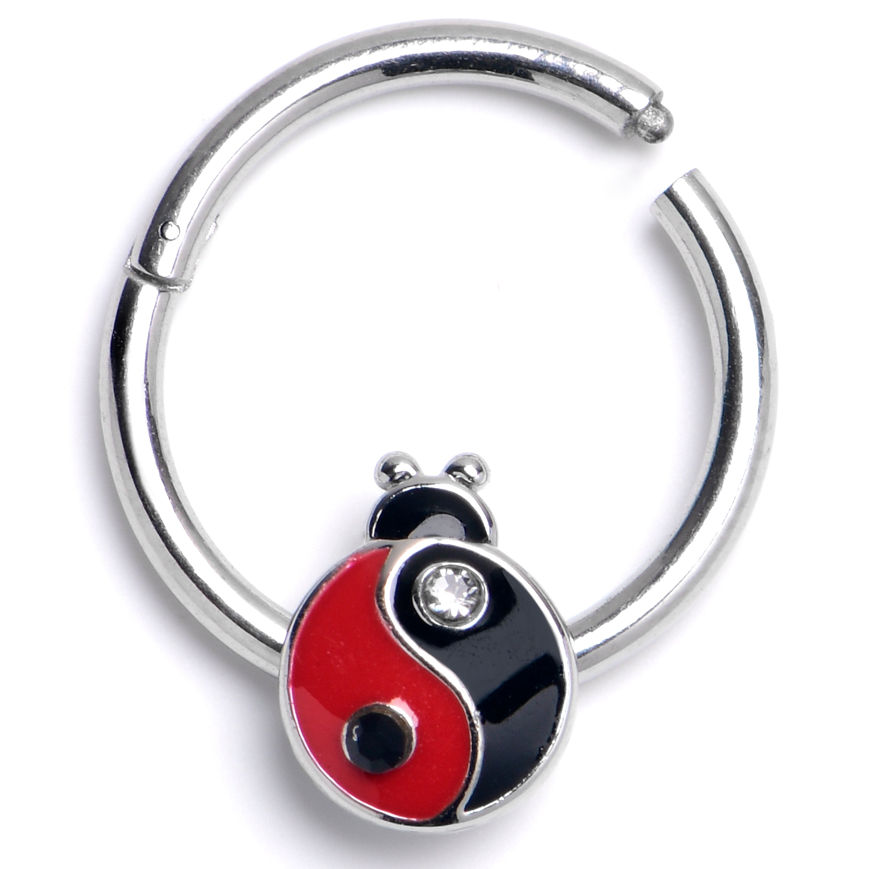 16G 3/8 Clear Gem Ladybug Yin Yang Hinged Segment Ring