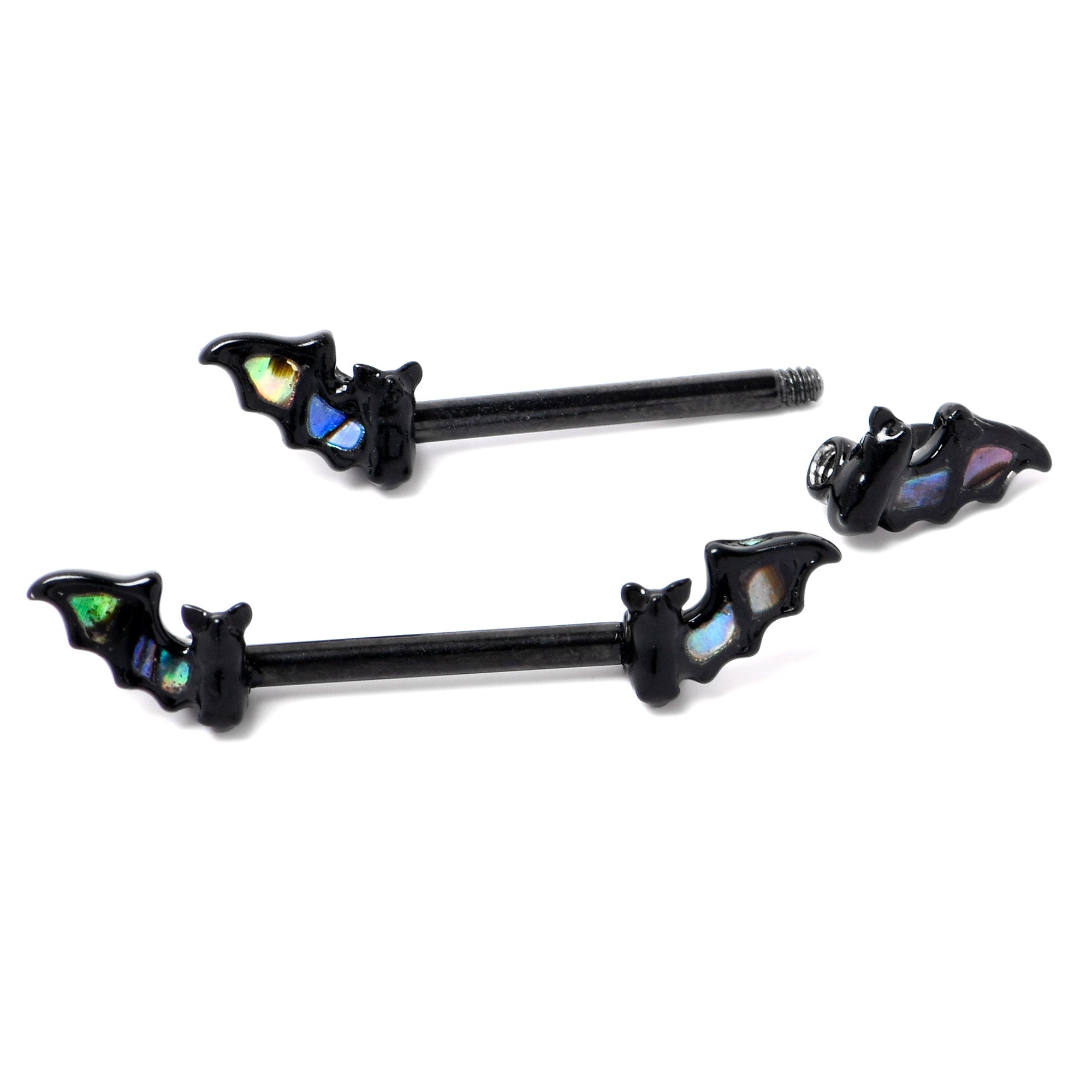 14G 9/16 Black Subtle Bat Barbell Nipple Ring Set