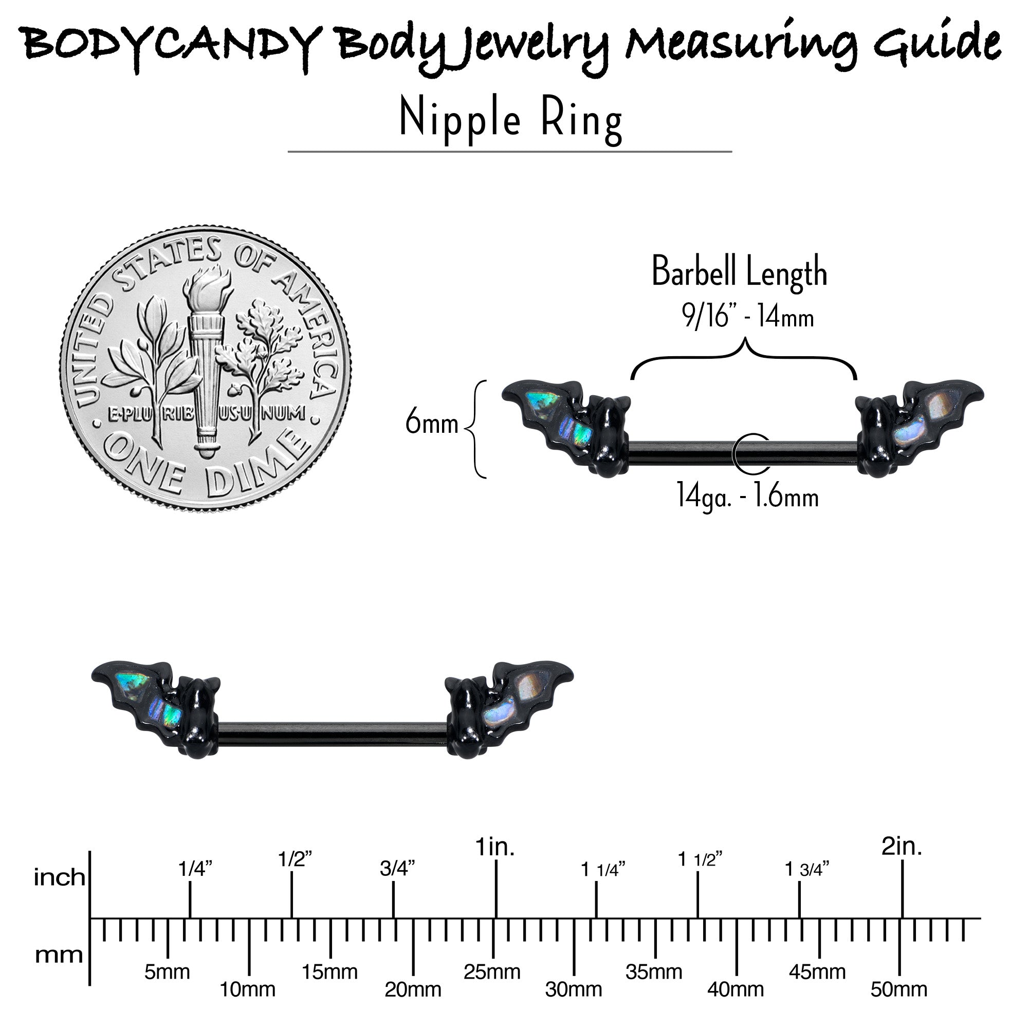 14G 9/16 Black Subtle Bat Barbell Nipple Ring Set