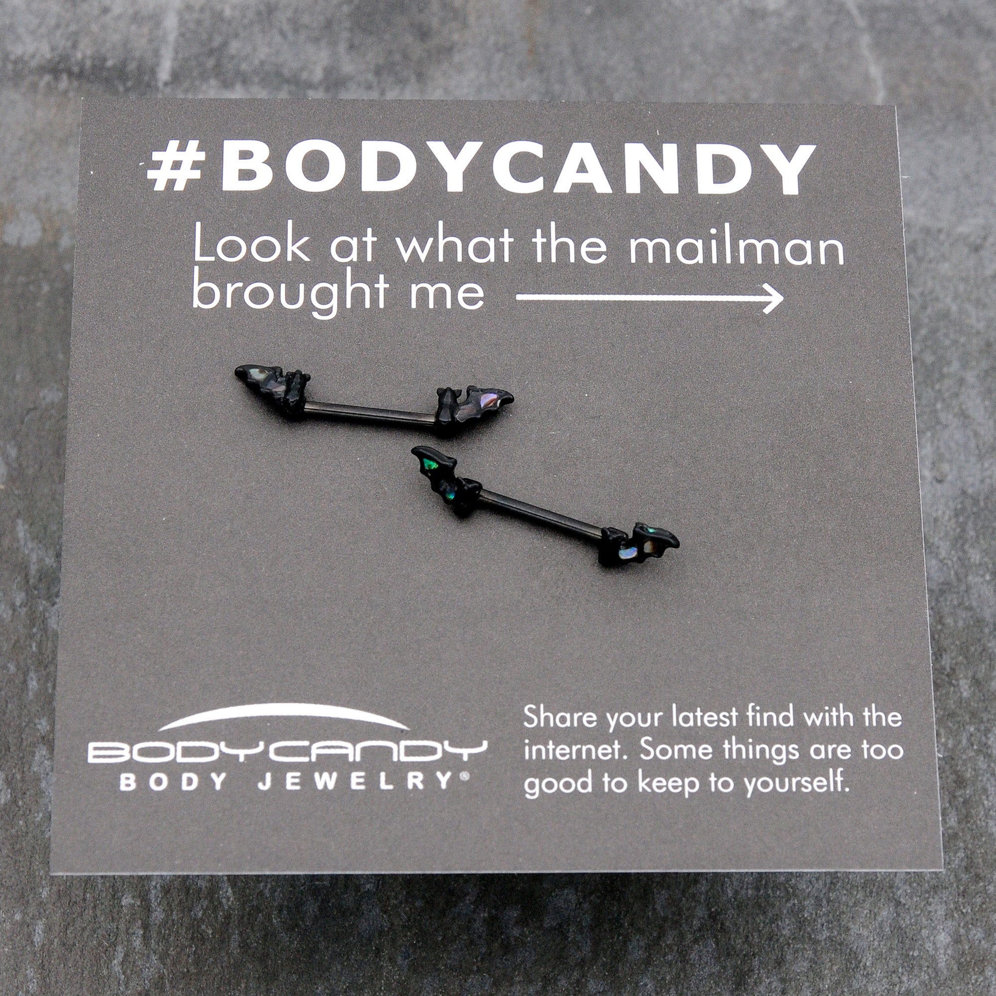 14G 9/16 Black Subtle Bat Barbell Nipple Ring Set