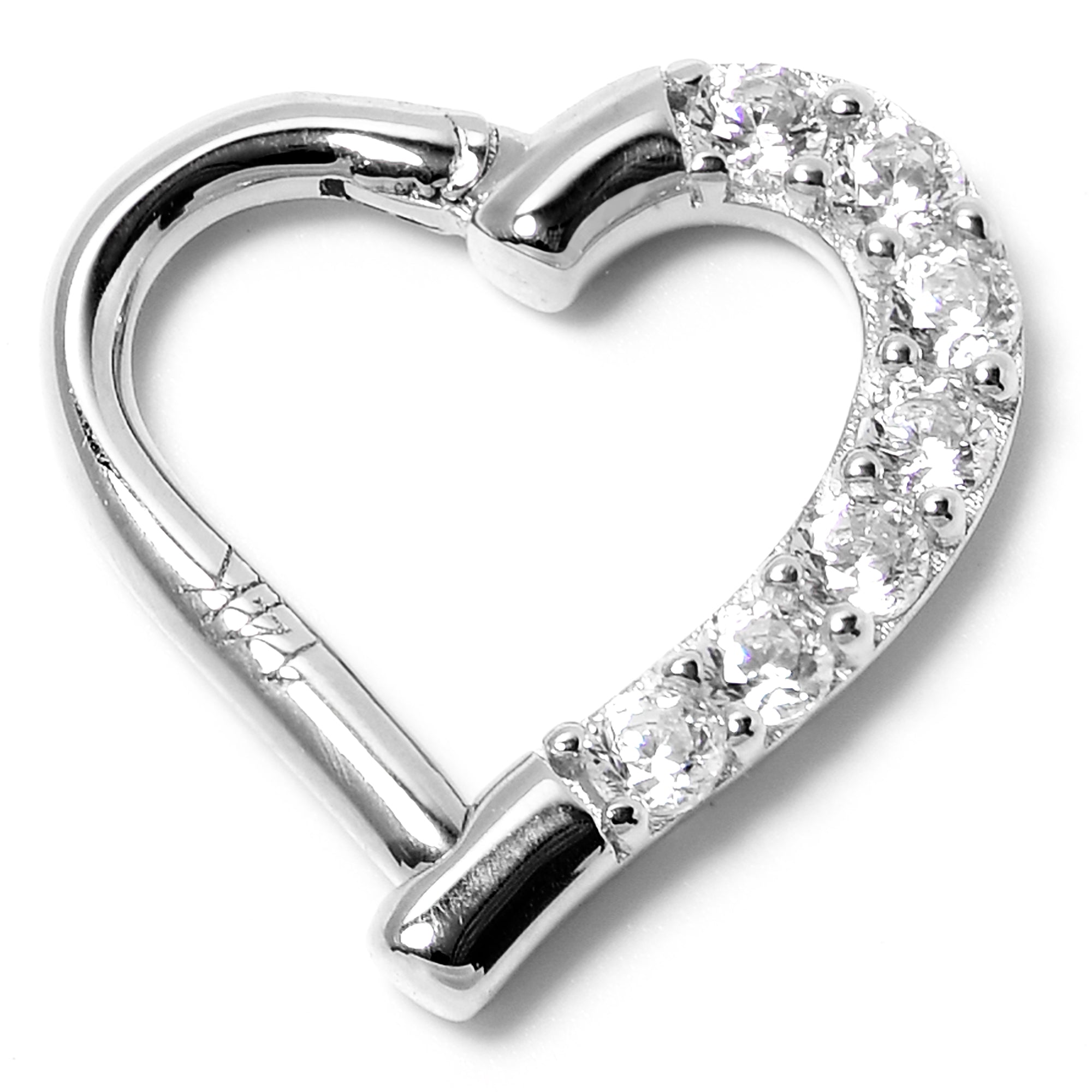 16 Gauge 5/16 14k White Gold CZ Paved Ultra Luxe Left Hinged Heart Segment Ring