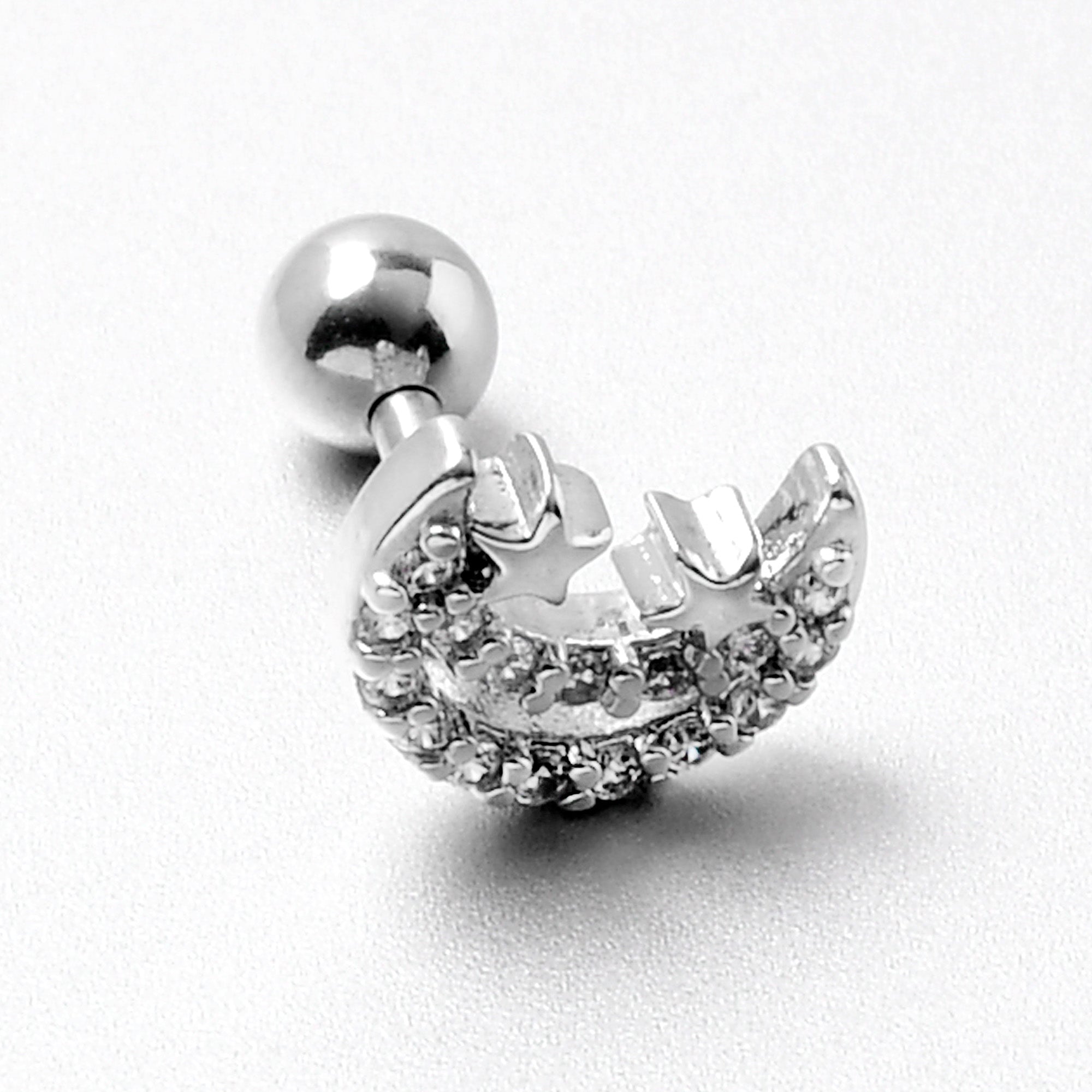 16G 1/4 Clear CZ Gem Starry Crescent Moon Cartilage Tragus Earring