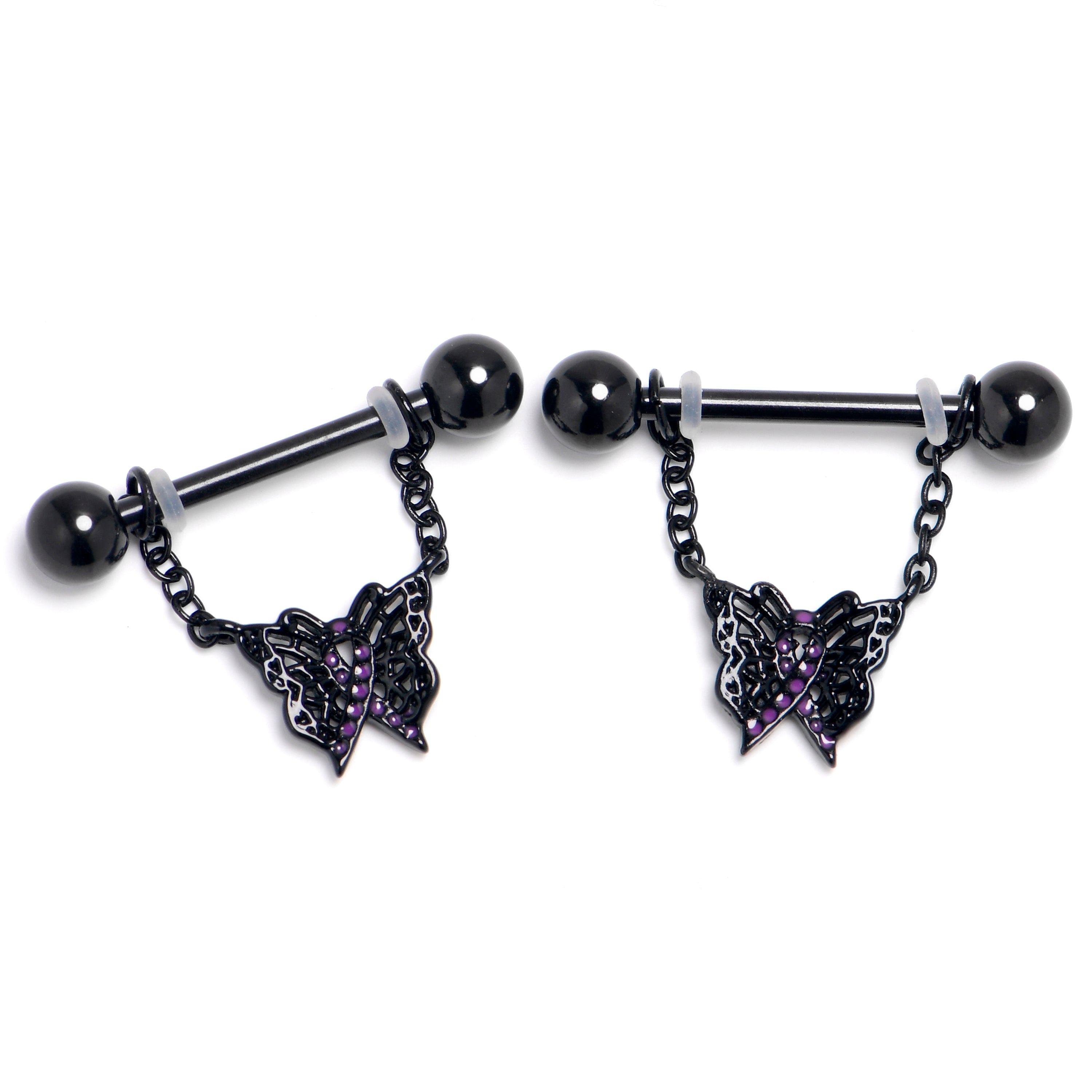 14G 9/16 Black Butterfly In Flight Chain Dangle Nipple Ring Set