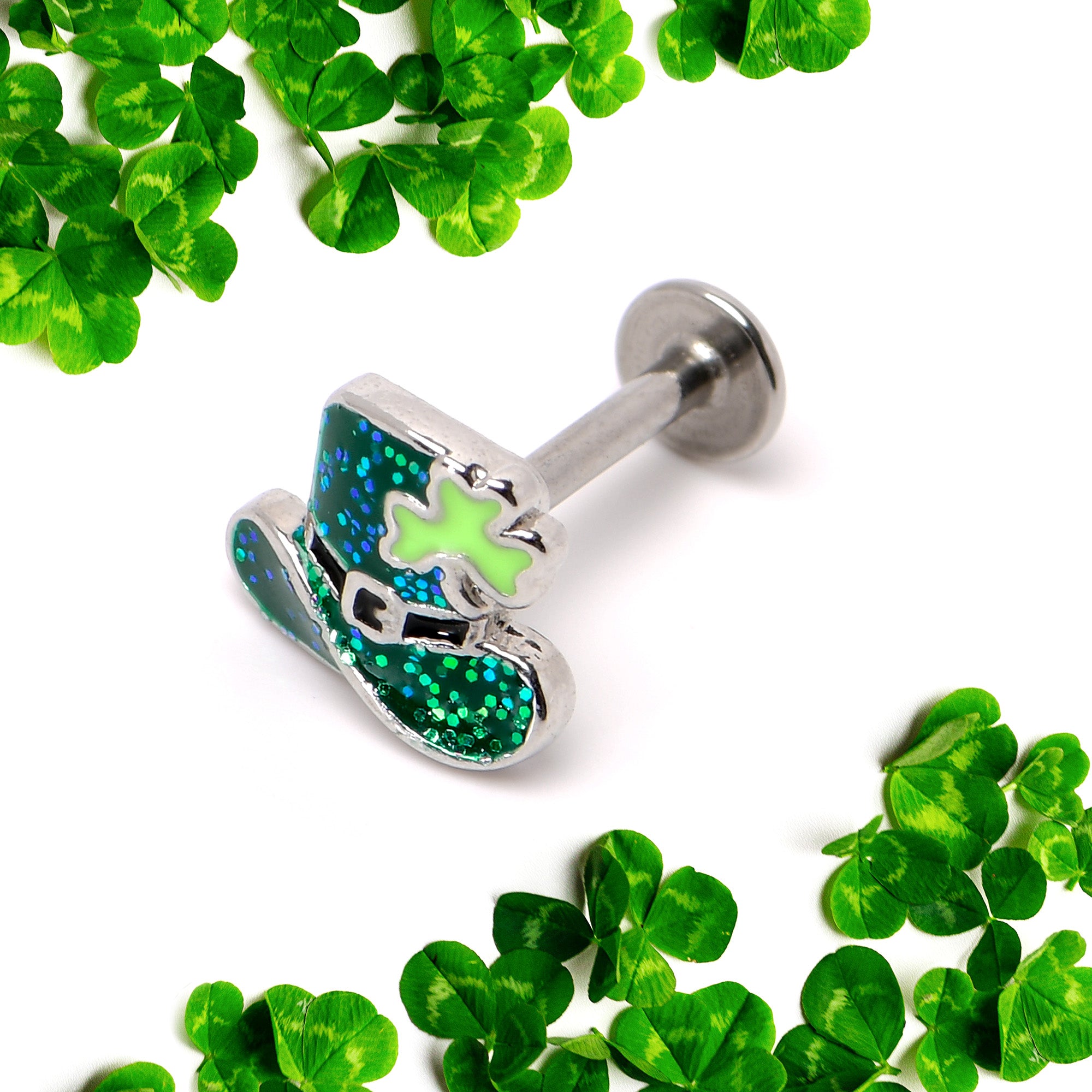 16G 5/16 Glitter Top Hat Shamrock St Patricks Labret Monroe Tragus