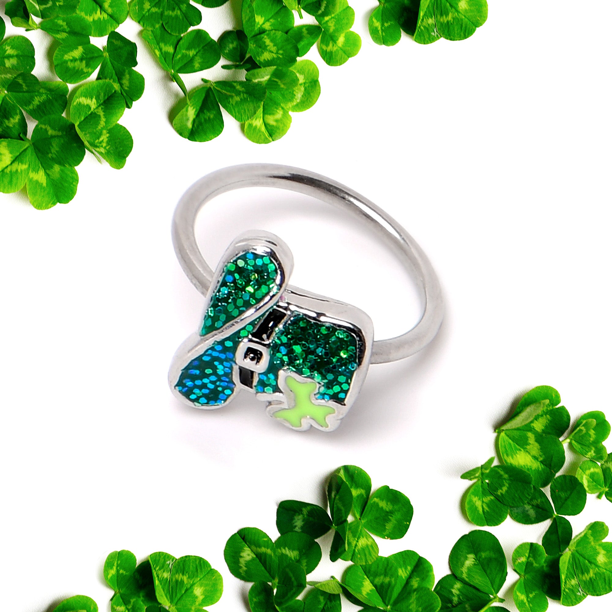 20G 5/16 Glitter Top Hat Shamrock St Patricks Nose Hoop