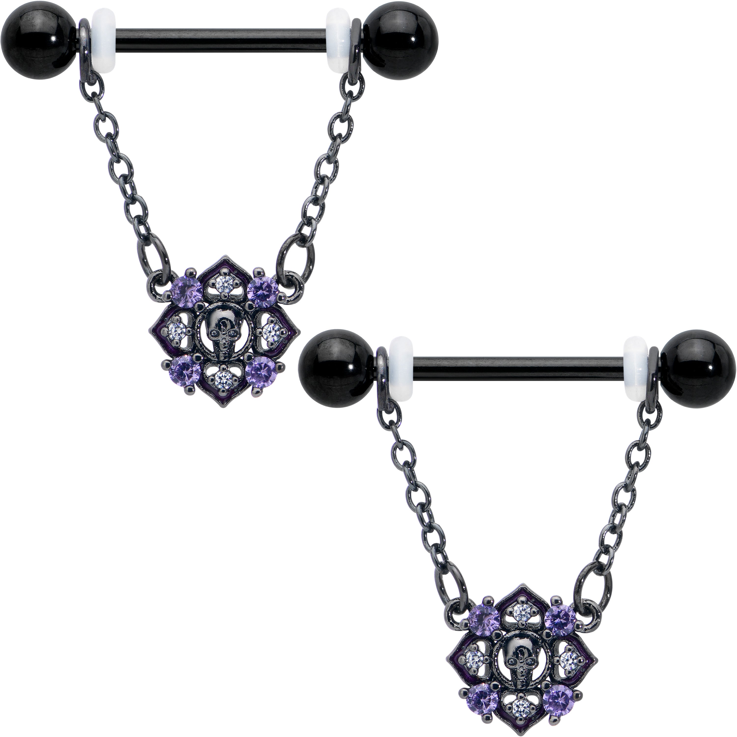 14G 9/16 Purple Gem Black Skull Circle Chain Dangle Nipple Ring Set