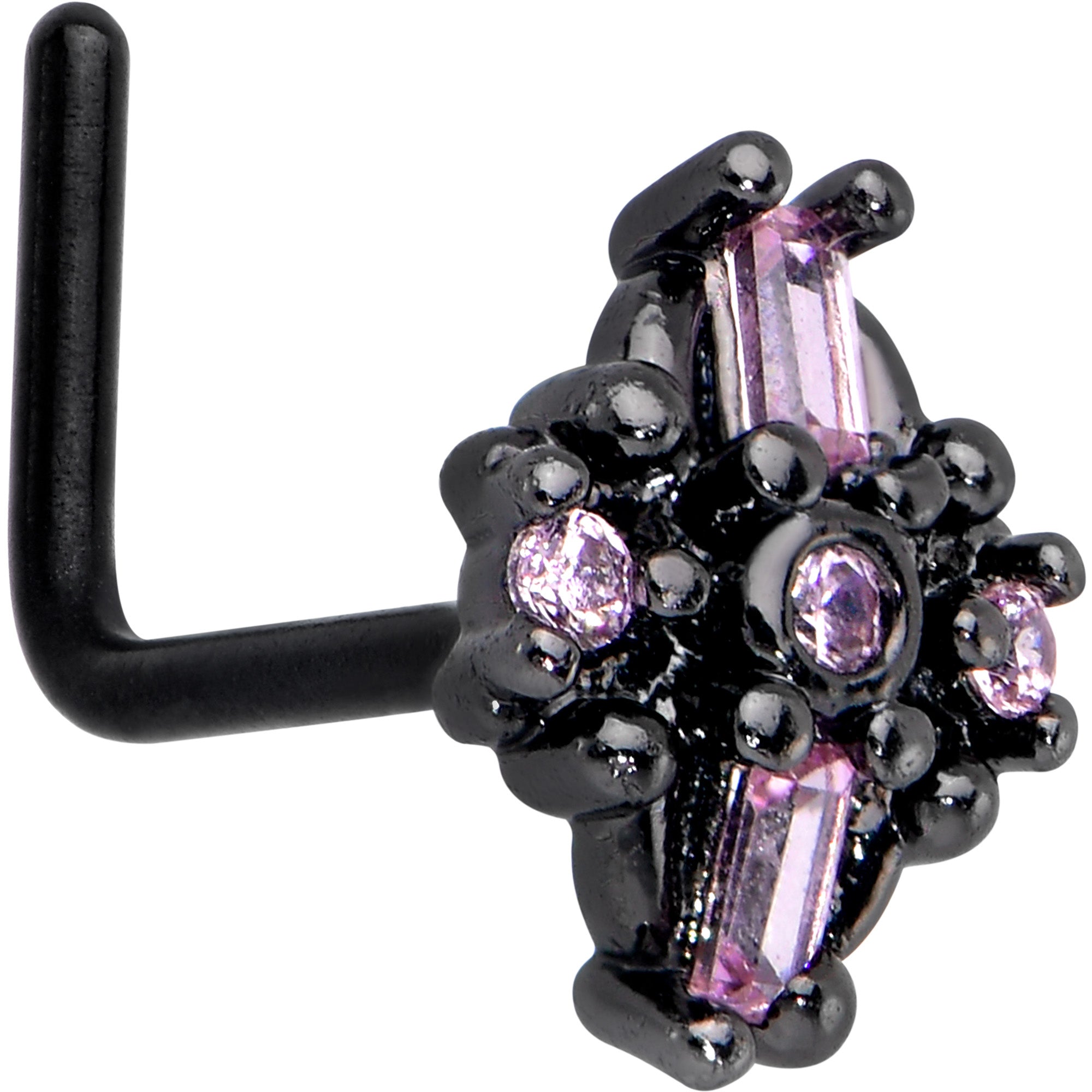 20G 7mm Pink Gem Black Opulent Cross L Shape Nose Ring
