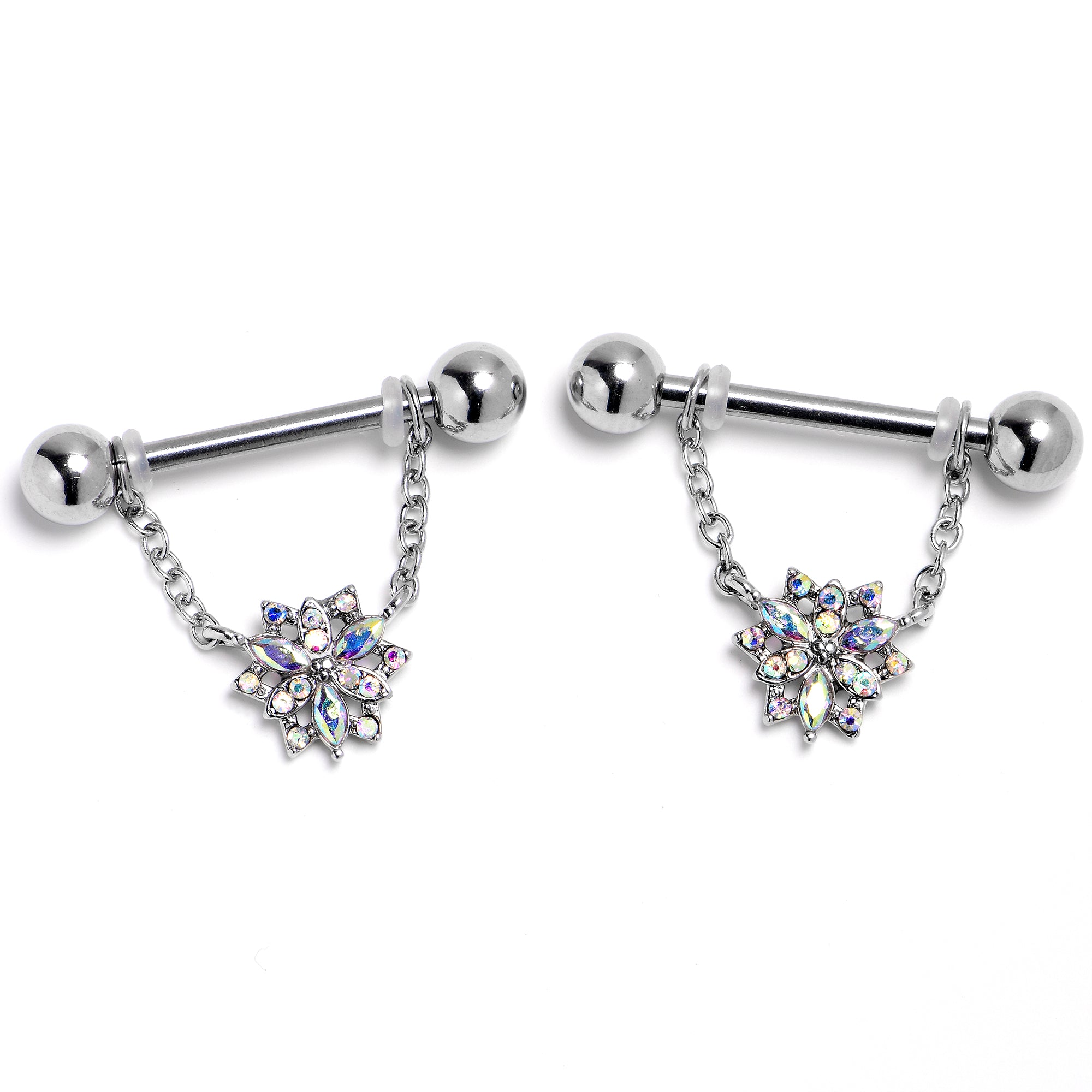 14G 9/16 Aurora Gem Snowflake Style Chain Dangle Nipple Ring Set