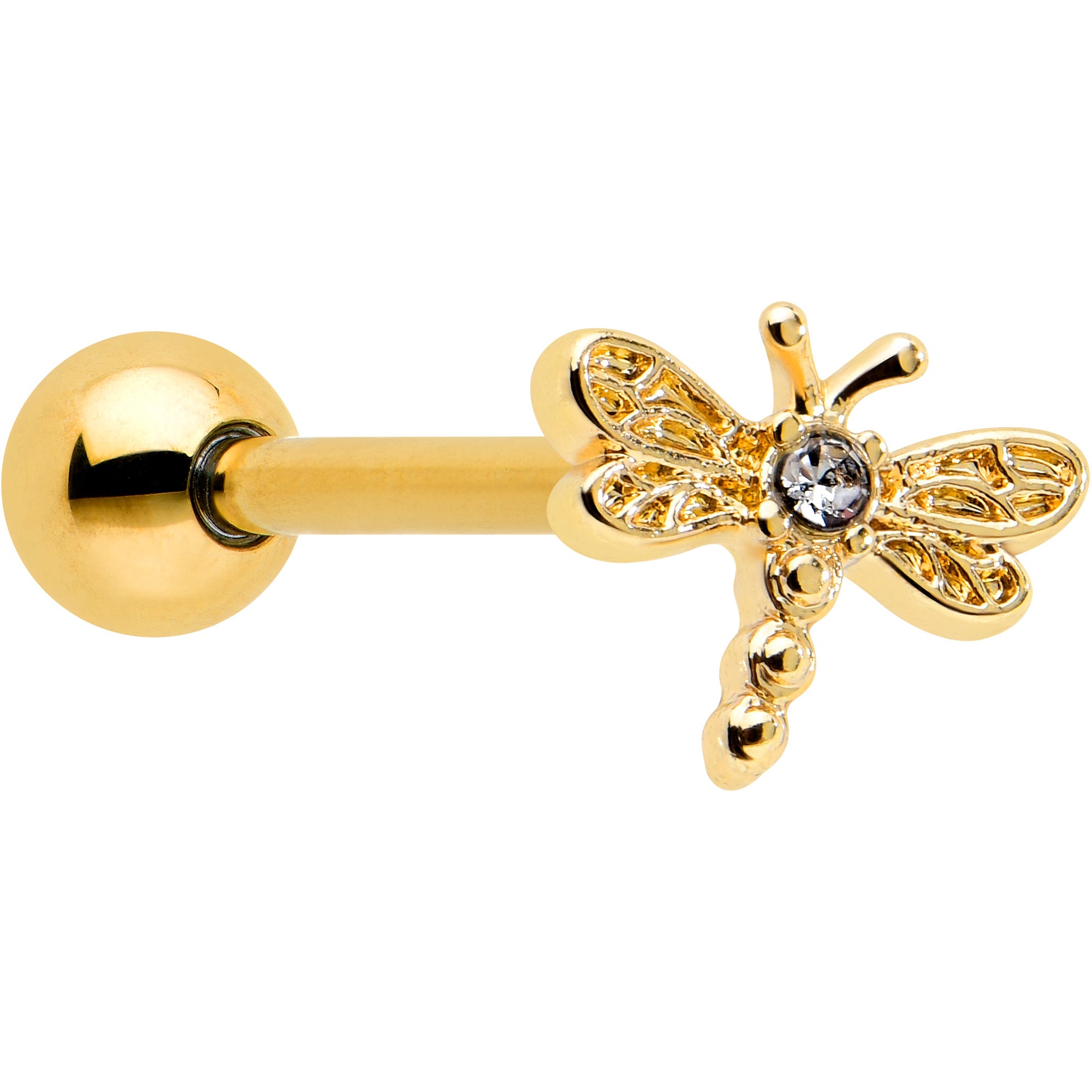 Clear Gem Gold Tone Flying Dragonfly Barbell Tongue Ring