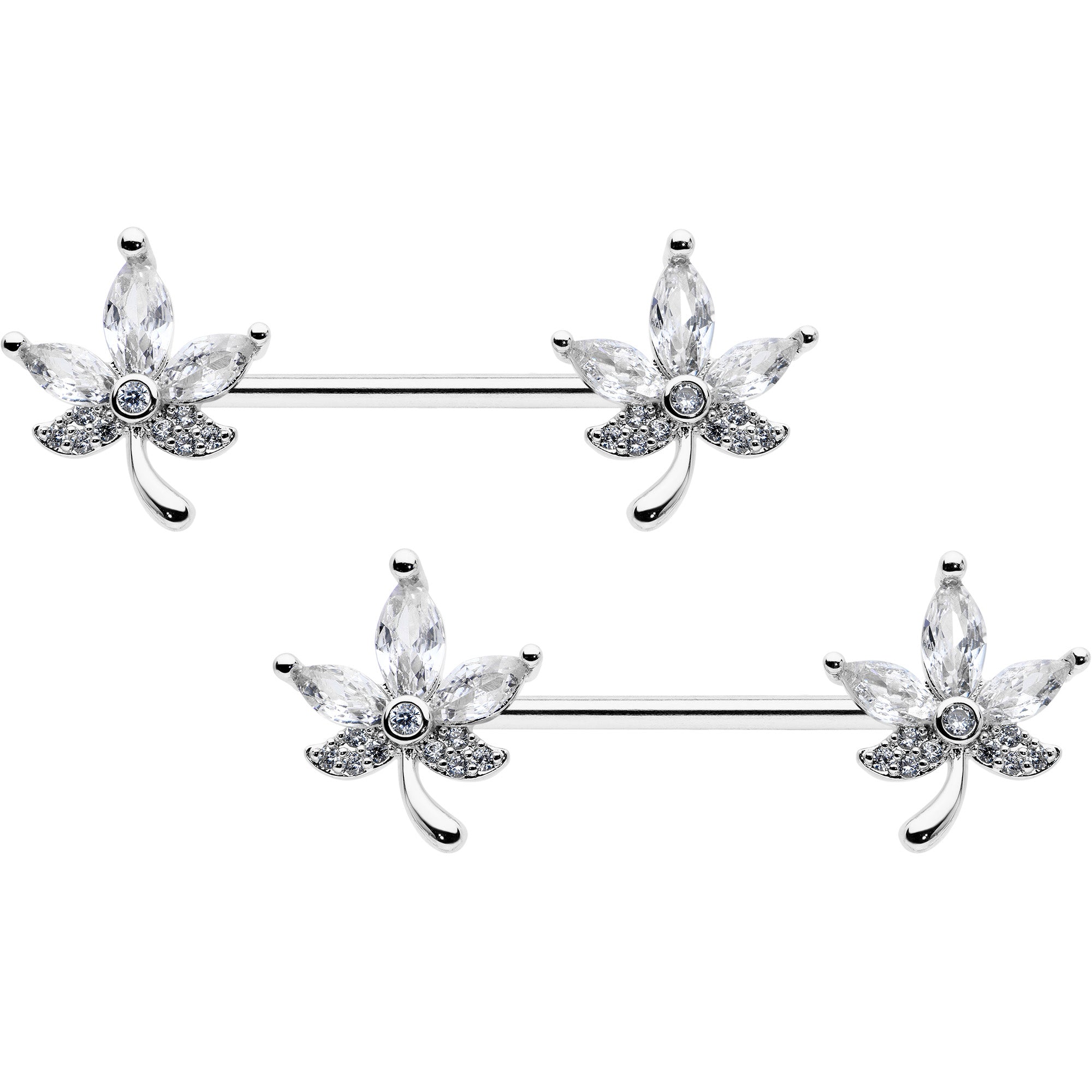 14G 3/4 Clear CZ Gem Pot Leaf Barbell Nipple Ring Set