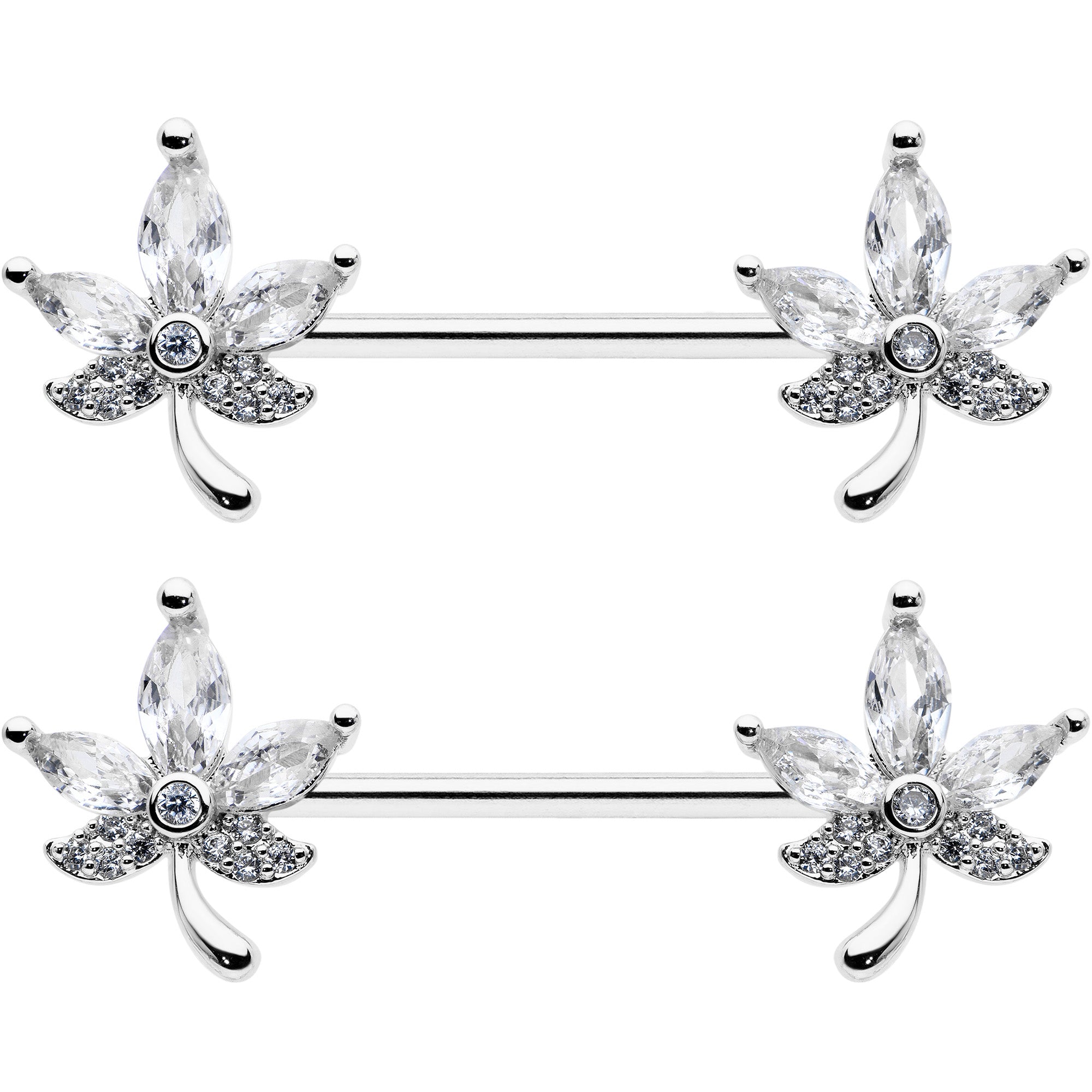 14G 3/4 Clear CZ Gem Pot Leaf Barbell Nipple Ring Set
