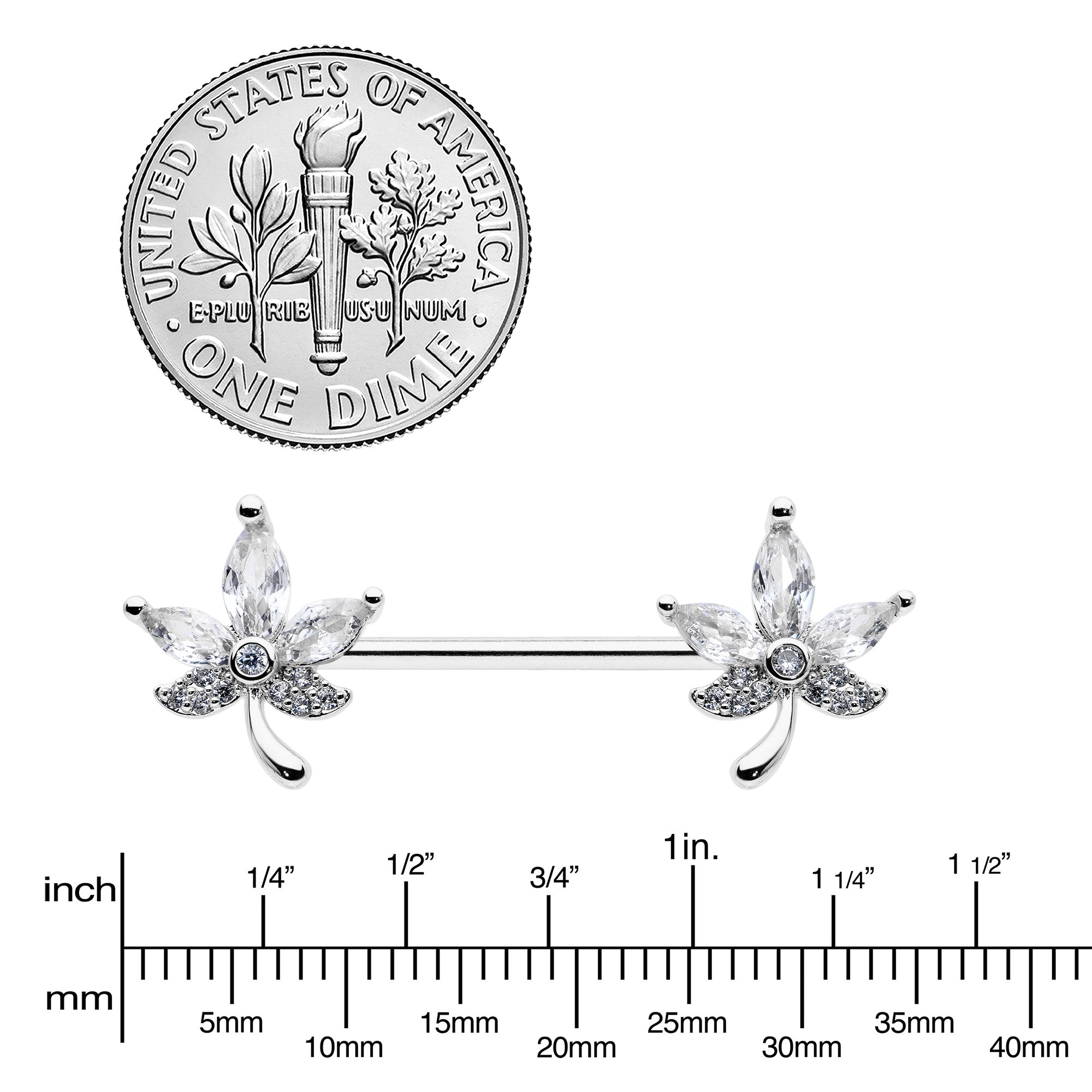14G 3/4 Clear CZ Gem Pot Leaf Barbell Nipple Ring Set