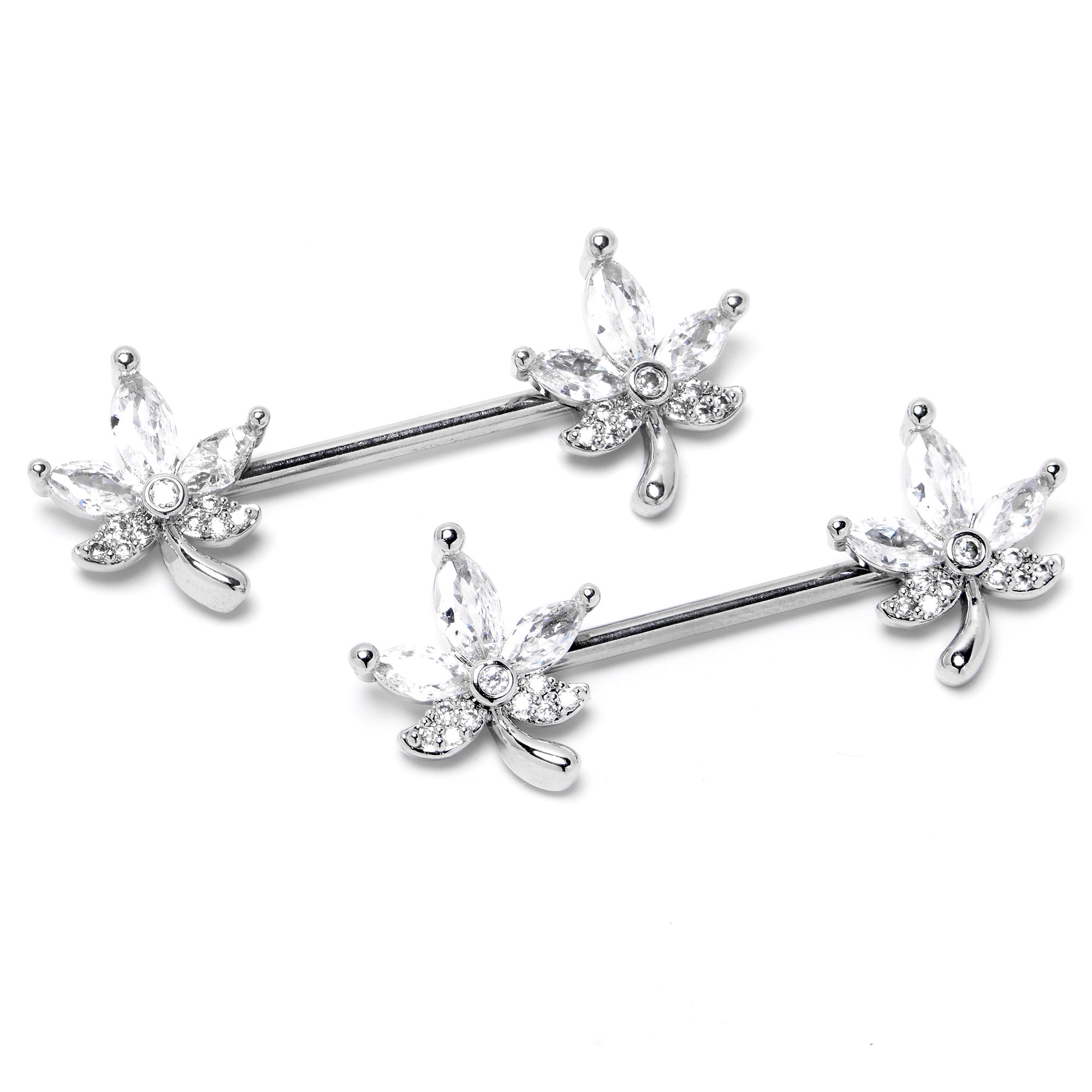 14G 3/4 Clear CZ Gem Pot Leaf Barbell Nipple Ring Set