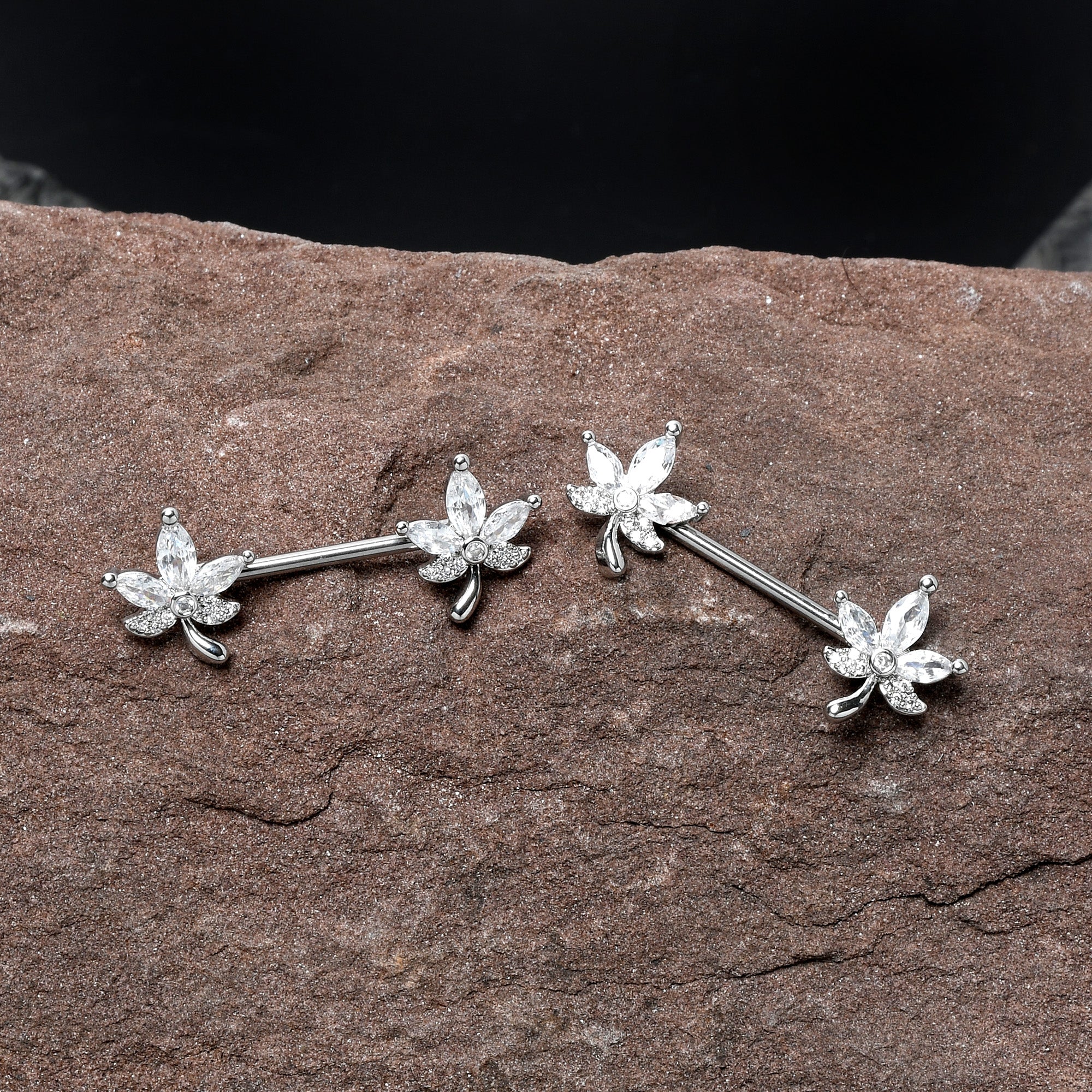 14G 3/4 Clear CZ Gem Pot Leaf Barbell Nipple Ring Set