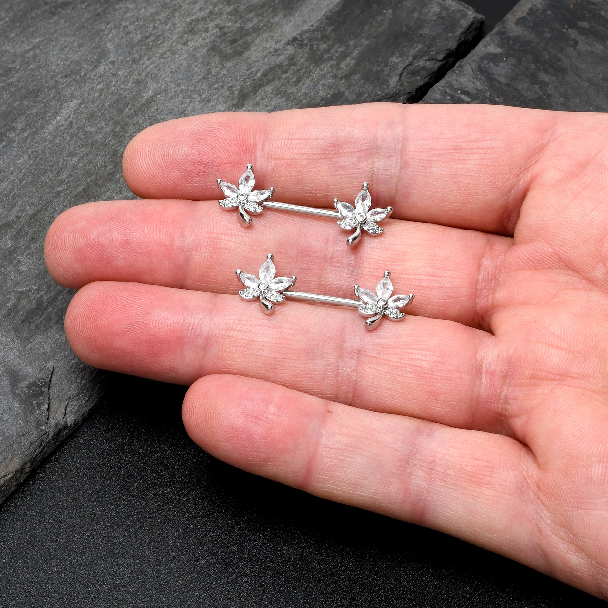 14G 3/4 Clear CZ Gem Pot Leaf Barbell Nipple Ring Set