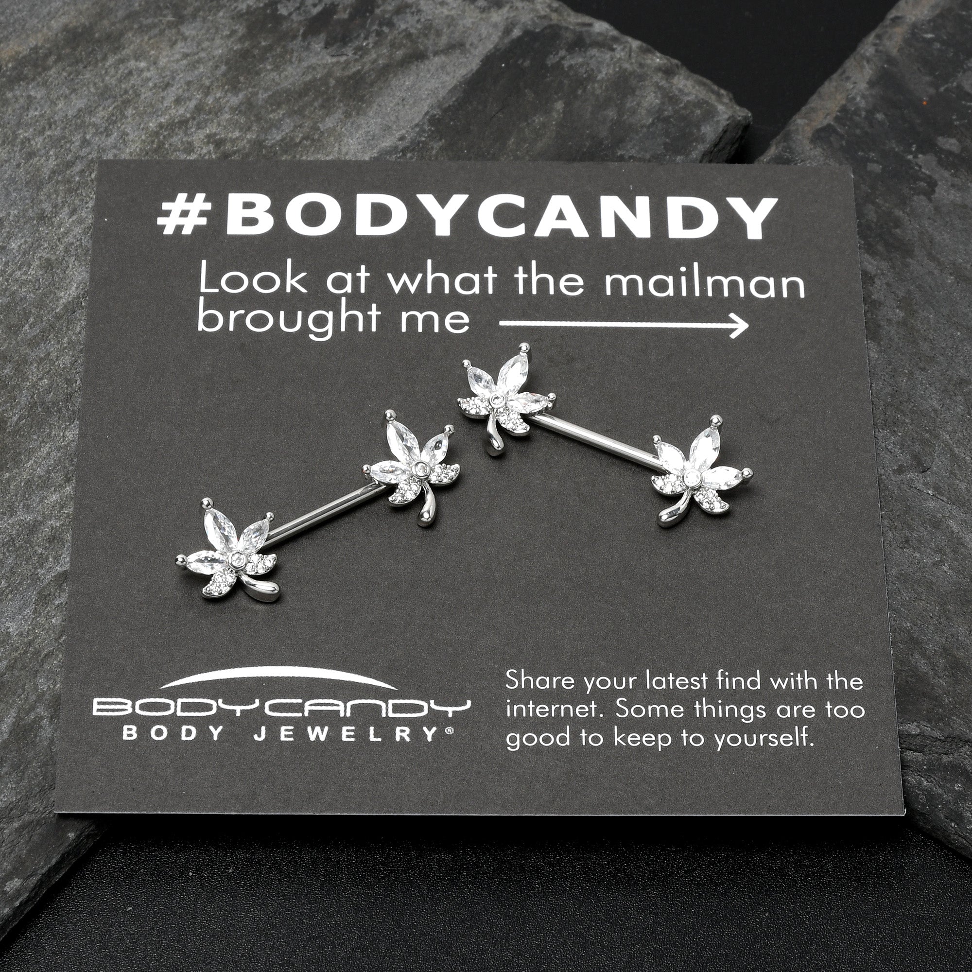 14G 3/4 Clear CZ Gem Pot Leaf Barbell Nipple Ring Set