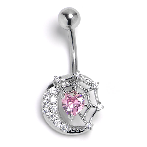 Pink Clear Gem Heart Web Moon Belly Ring