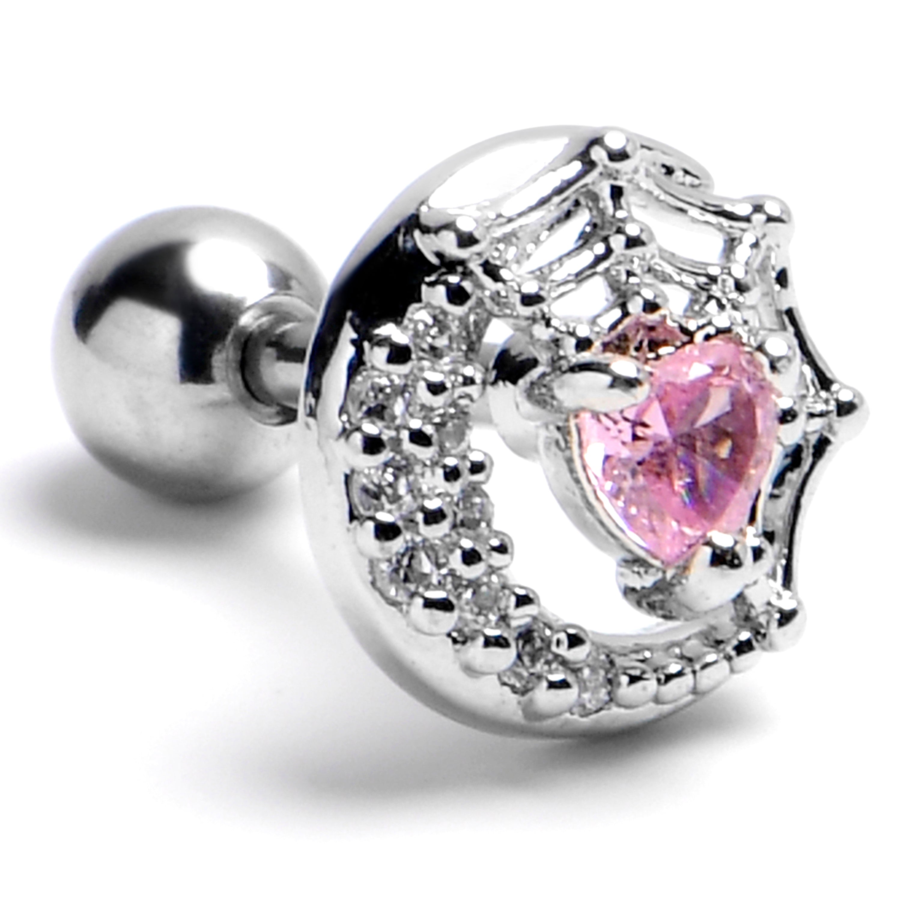 16G 1/4 Pink Gem Heart Moon Web Cartilage Tragus Earring