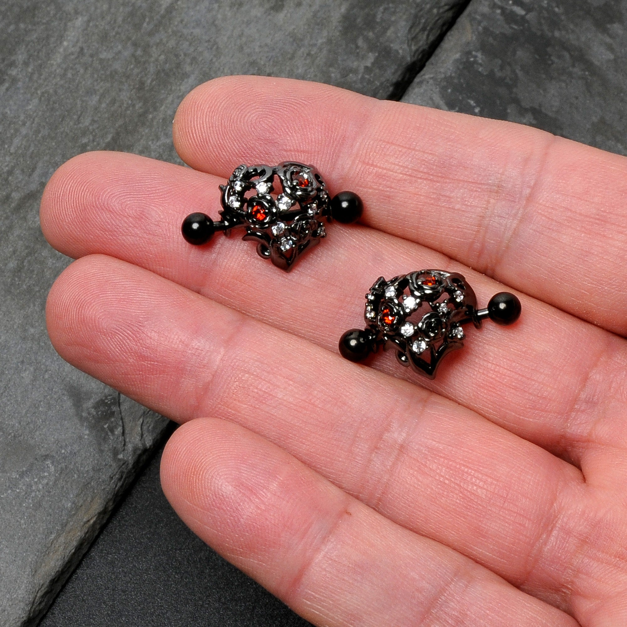 14G 9/16 Red Clear CZ Gem Black Floral Heart Nipple Shield Set