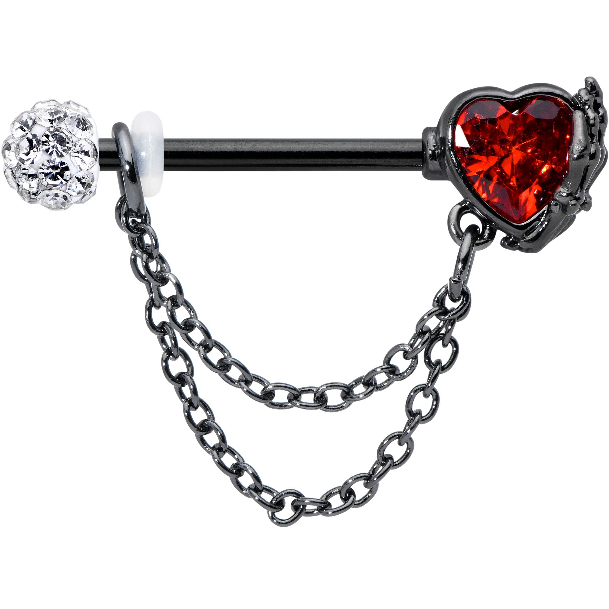 14 Gauge 9/16 Red CZ Gem Black Heart Hand Chain Dangle Nipple Ring Set