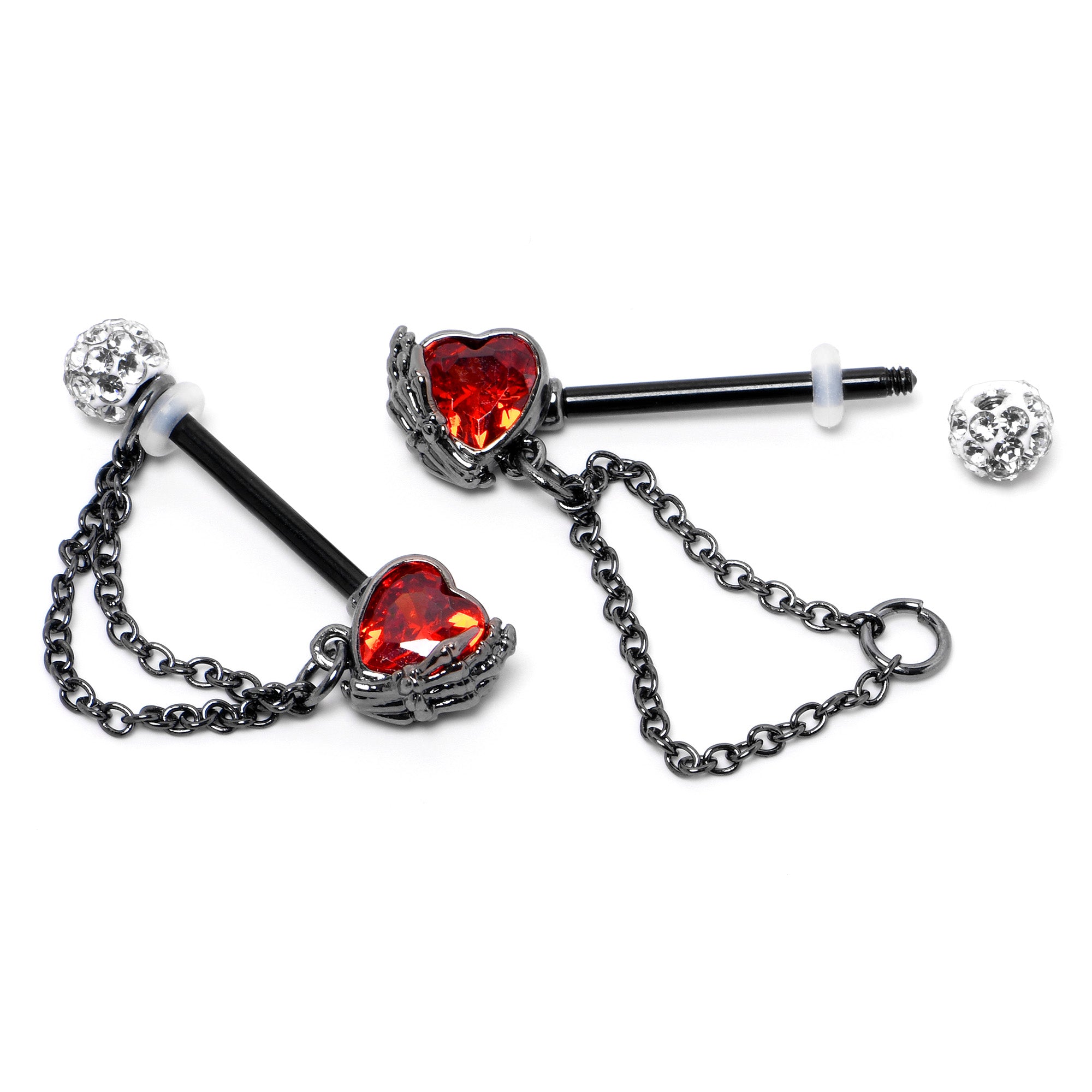 14 Gauge 9/16 Red CZ Gem Black Heart Hand Chain Dangle Nipple Ring Set
