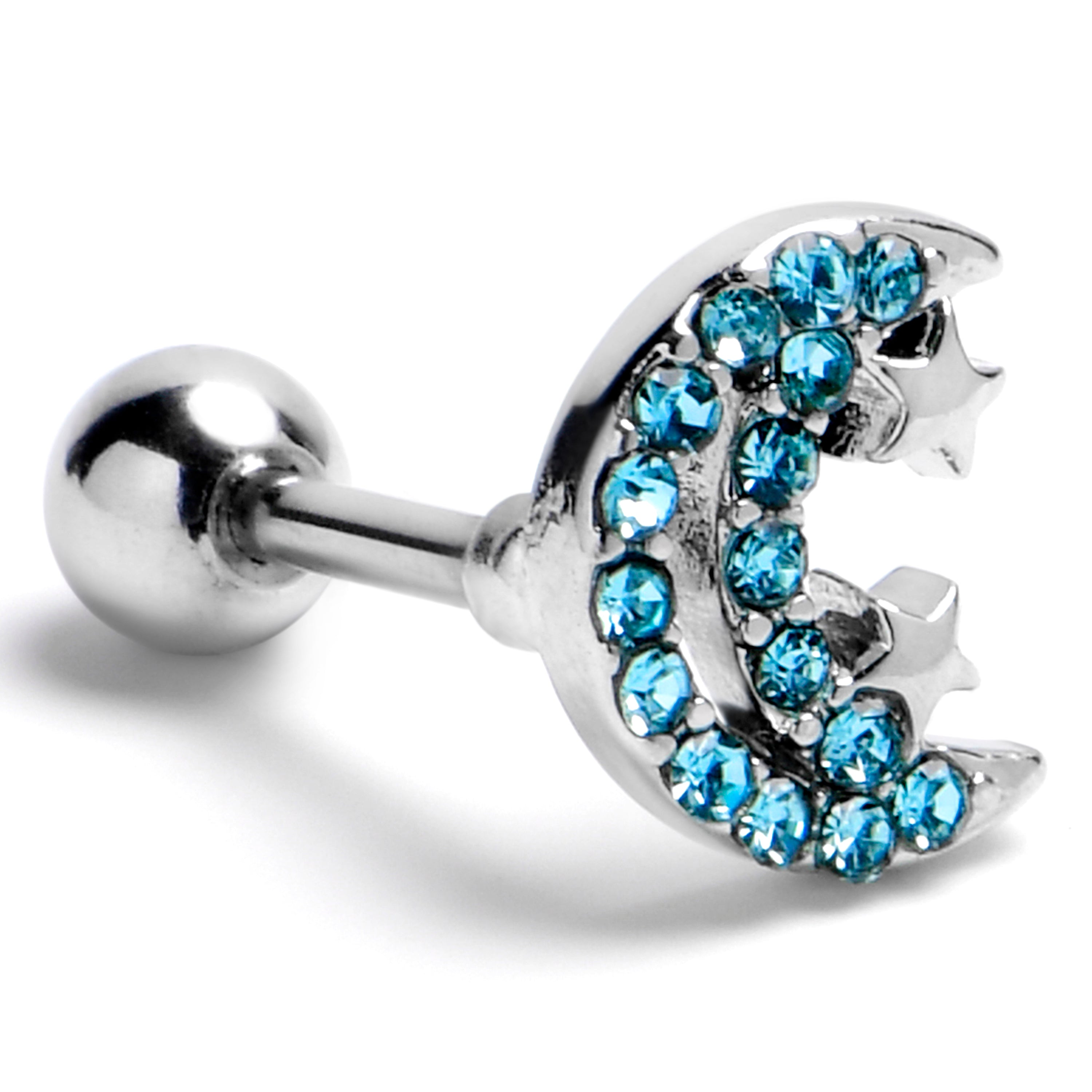 16G 1/4 Blue Gem Starry Crescent Moon Cartilage Tragus Earring