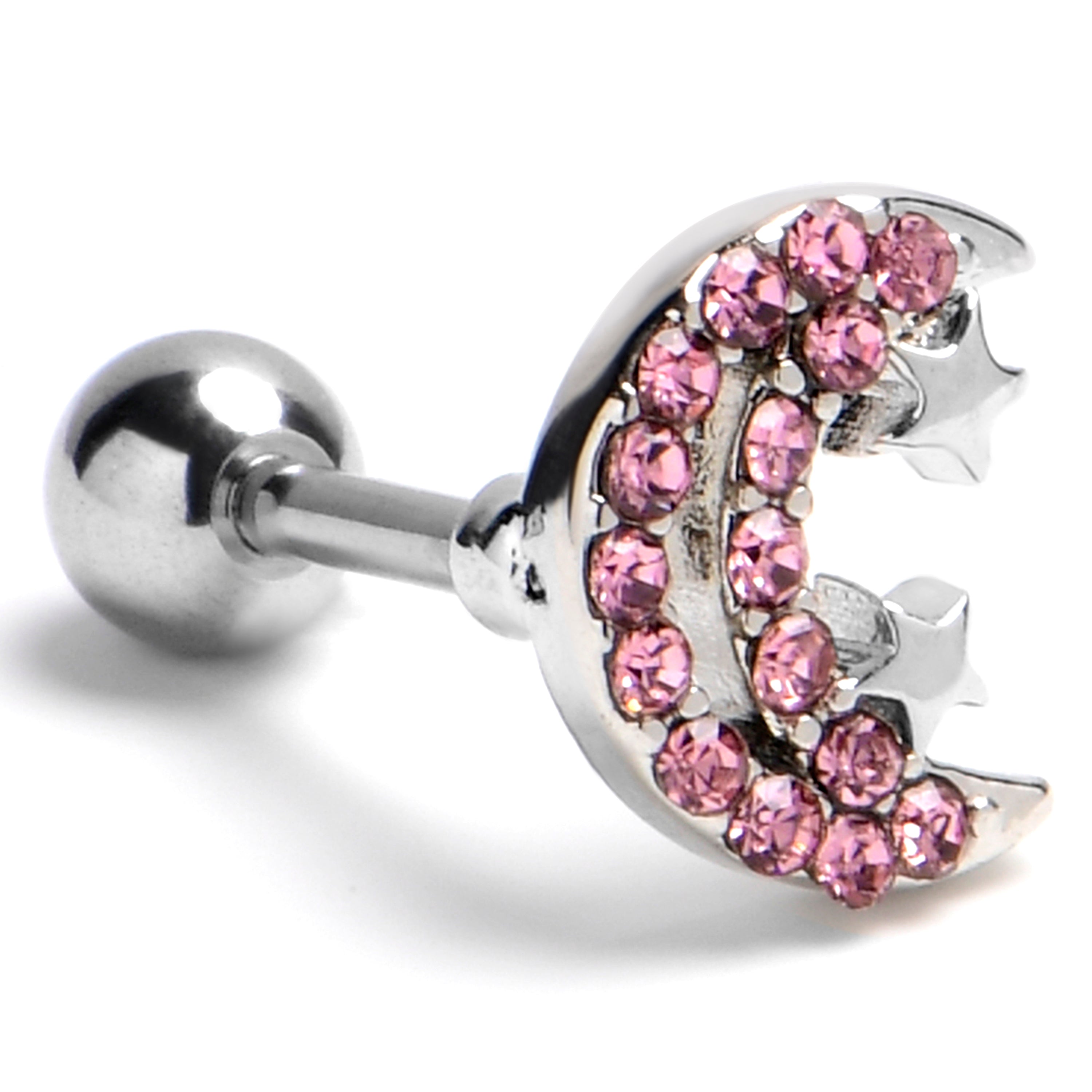 16G 1/4 Pink Gem Starry Crescent Moon Cartilage Tragus Earring