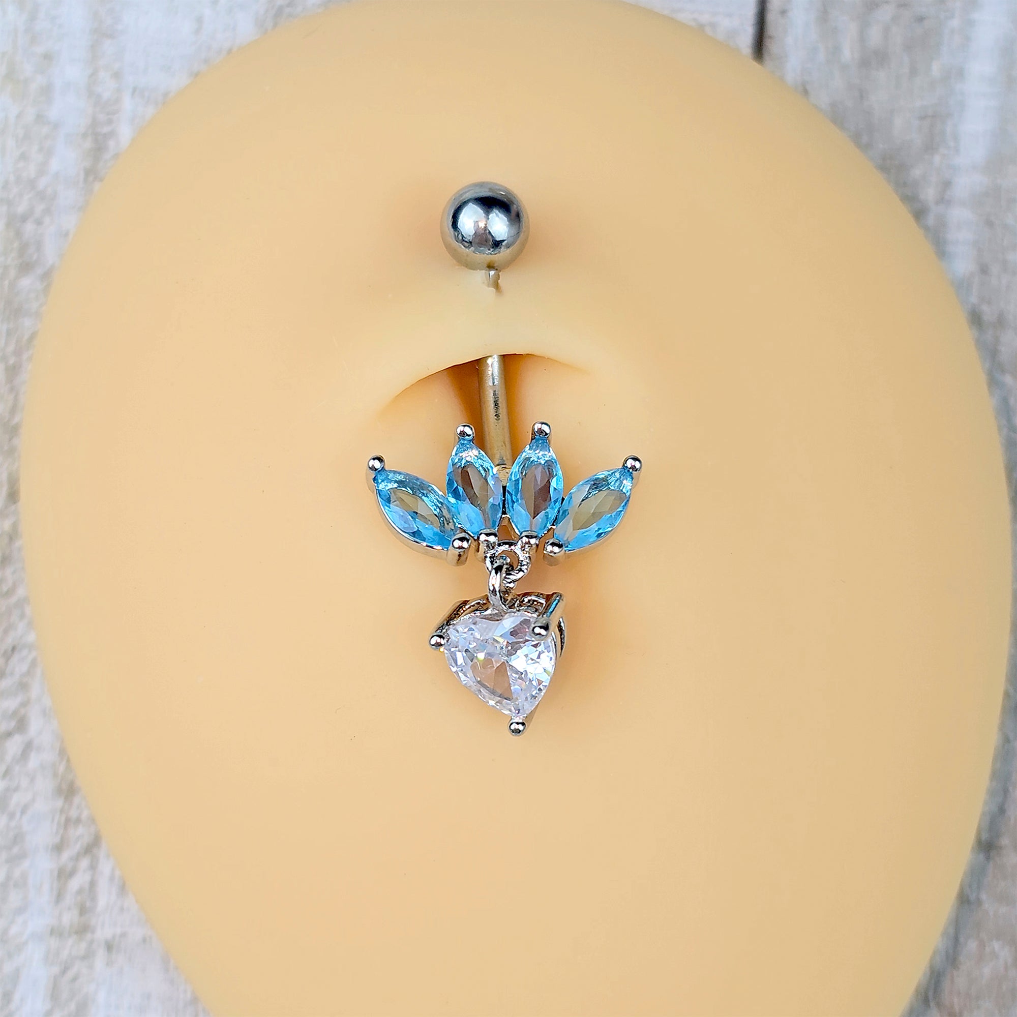 Blue Clear Gem Quartet Heart Dangle Belly Ring
