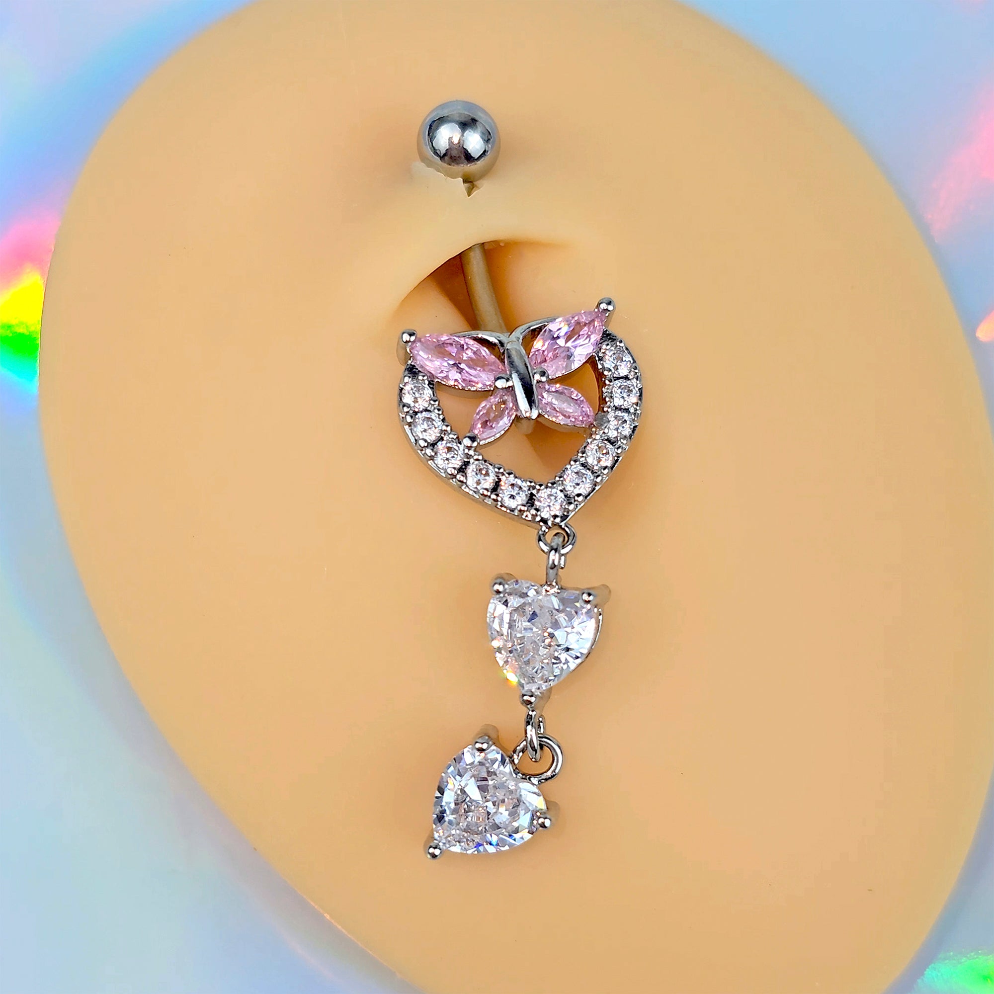 Pink Clear Gem Butterfly Hearts Of Love Dangle Belly Ring