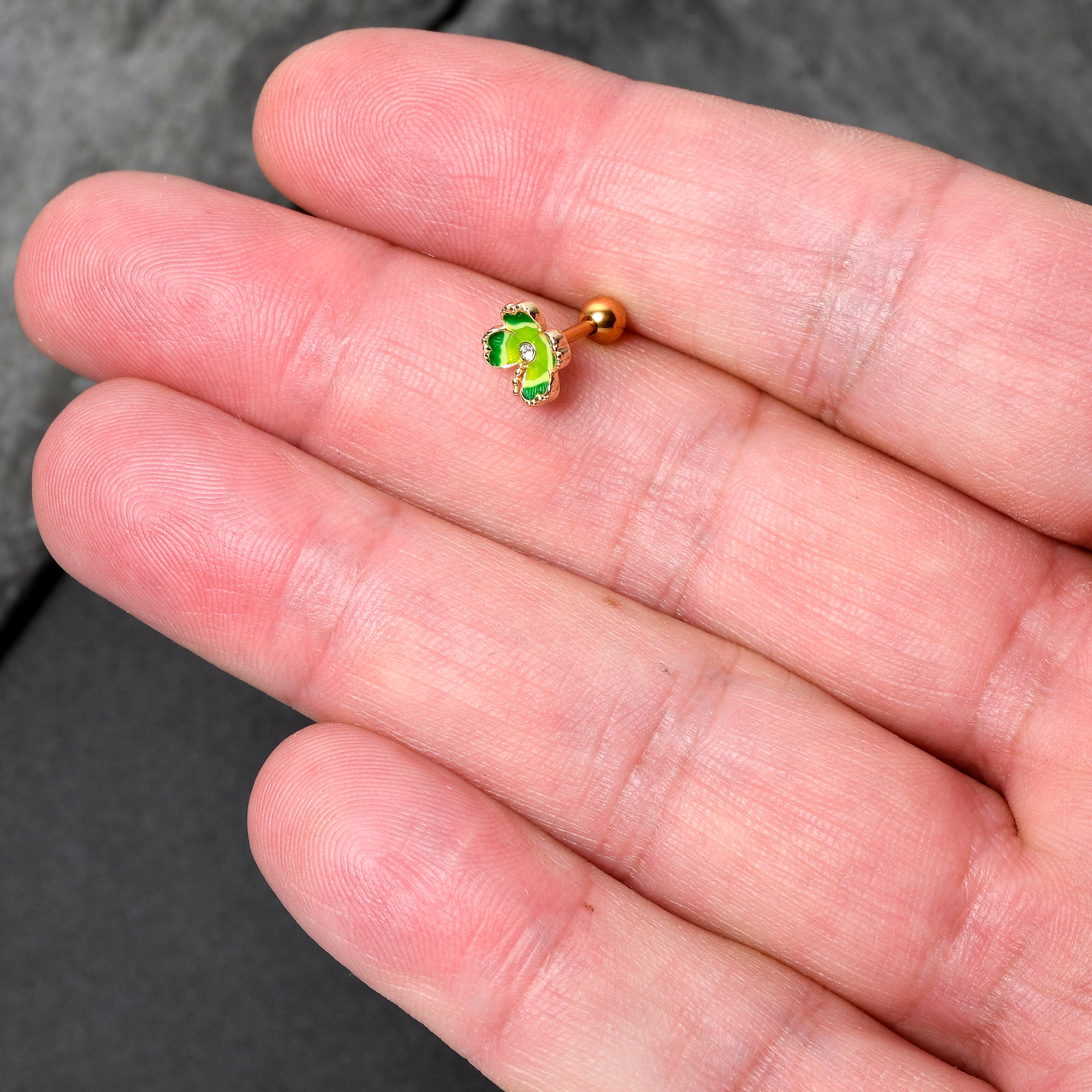 16G 1/4 Clear Gem Gold Hue Lucky Shamrock Cartilage Tragus Earring