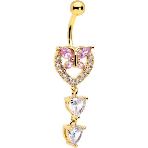 TT Rose Gold Plated Long Dangle Belly Ring With Pink CZ - 316L Surgical Steel Navel Piercing