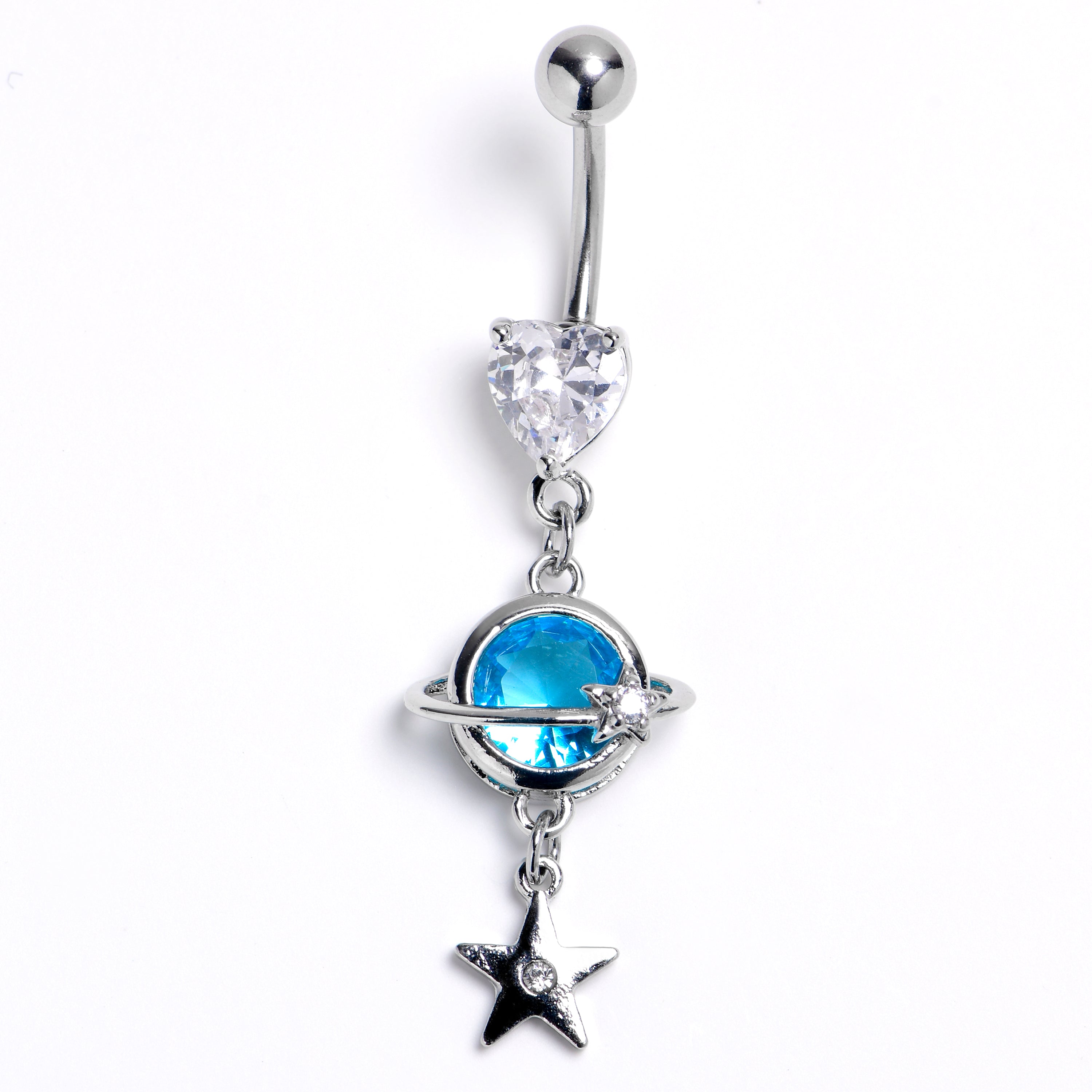 Clear Blue Gem Heart Saturn Star Dangle Belly Ring