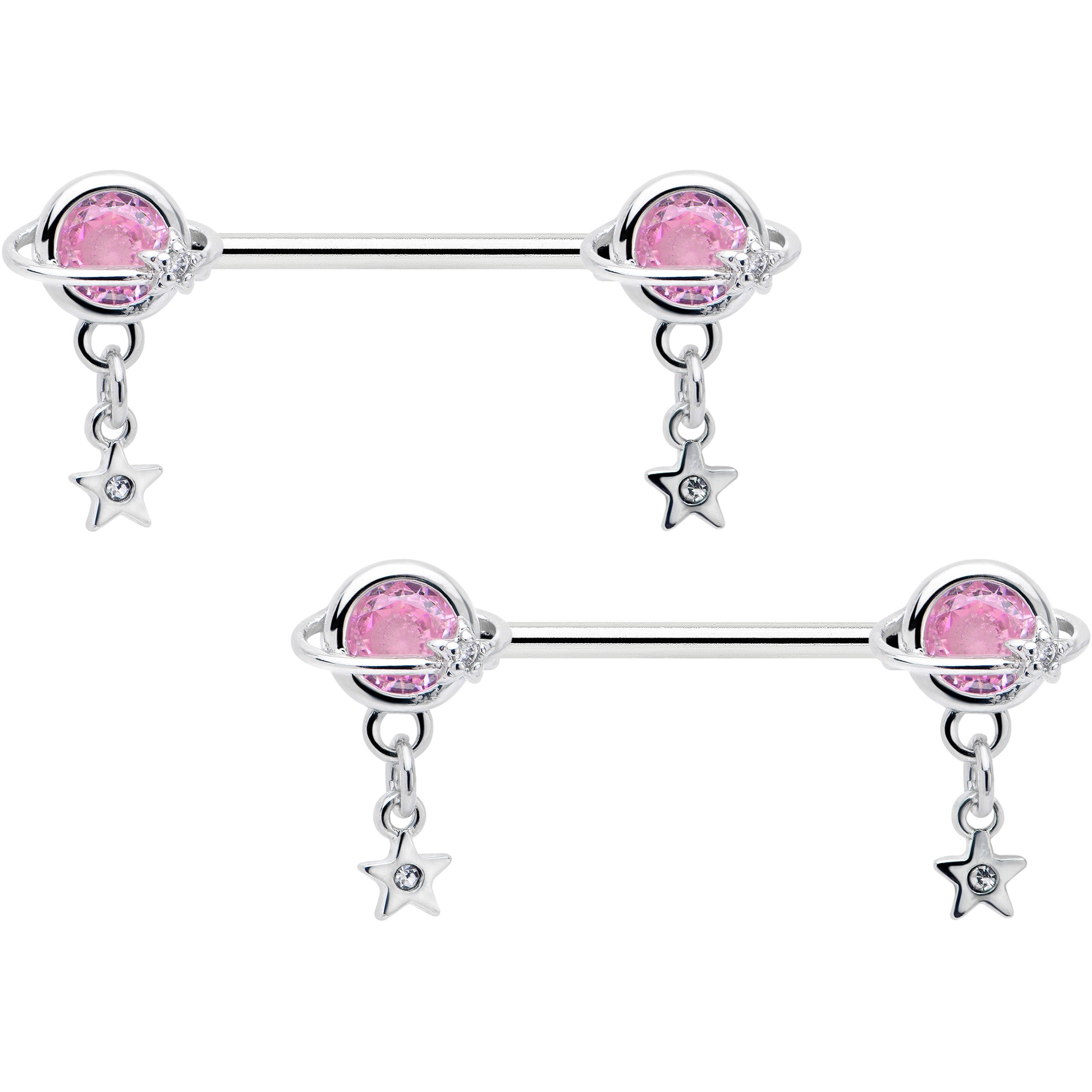 14G 9/16 Pink CZ Gem Starry Saturn Dangle Nipple Ring Set