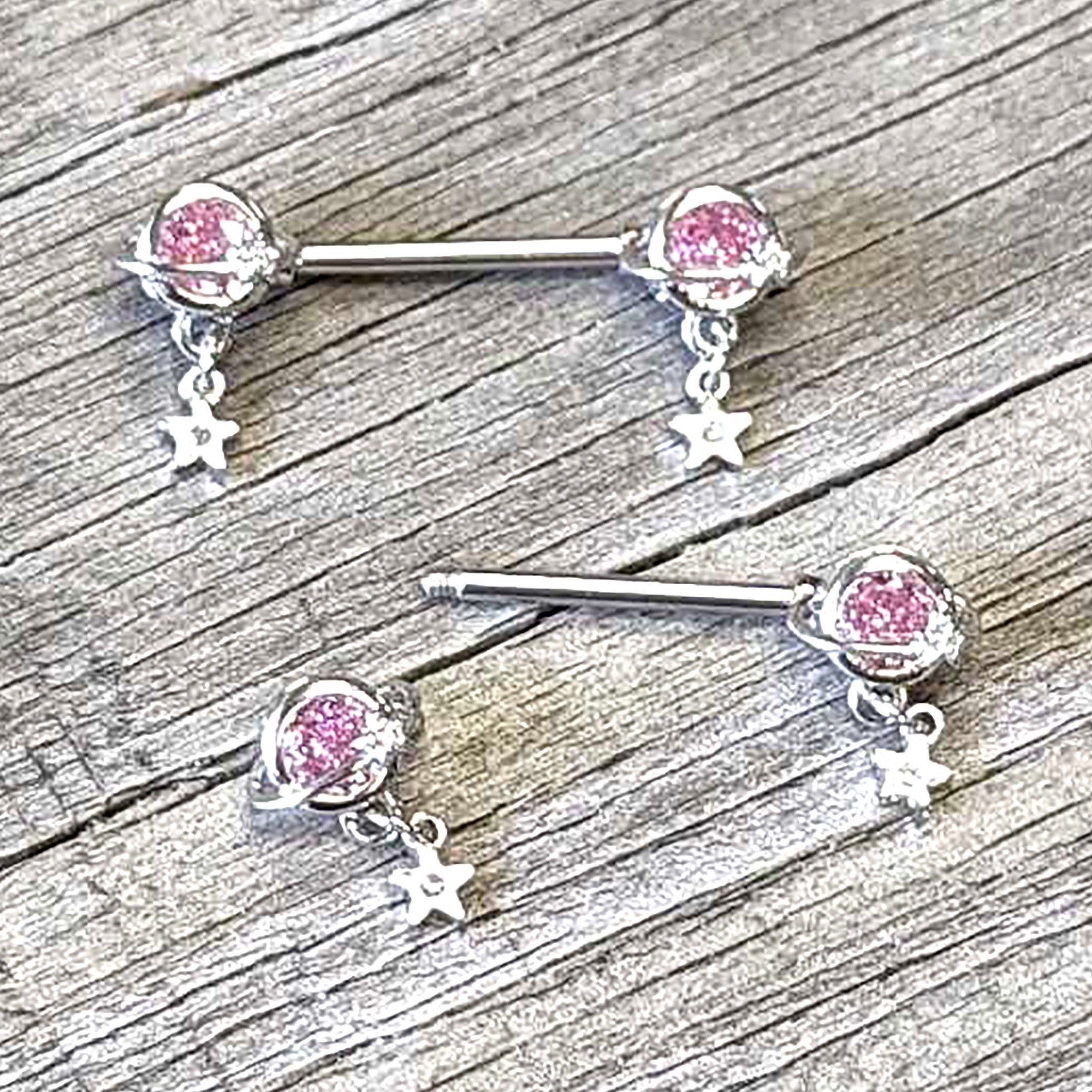 14G 9/16 Pink CZ Gem Starry Saturn Dangle Nipple Ring Set