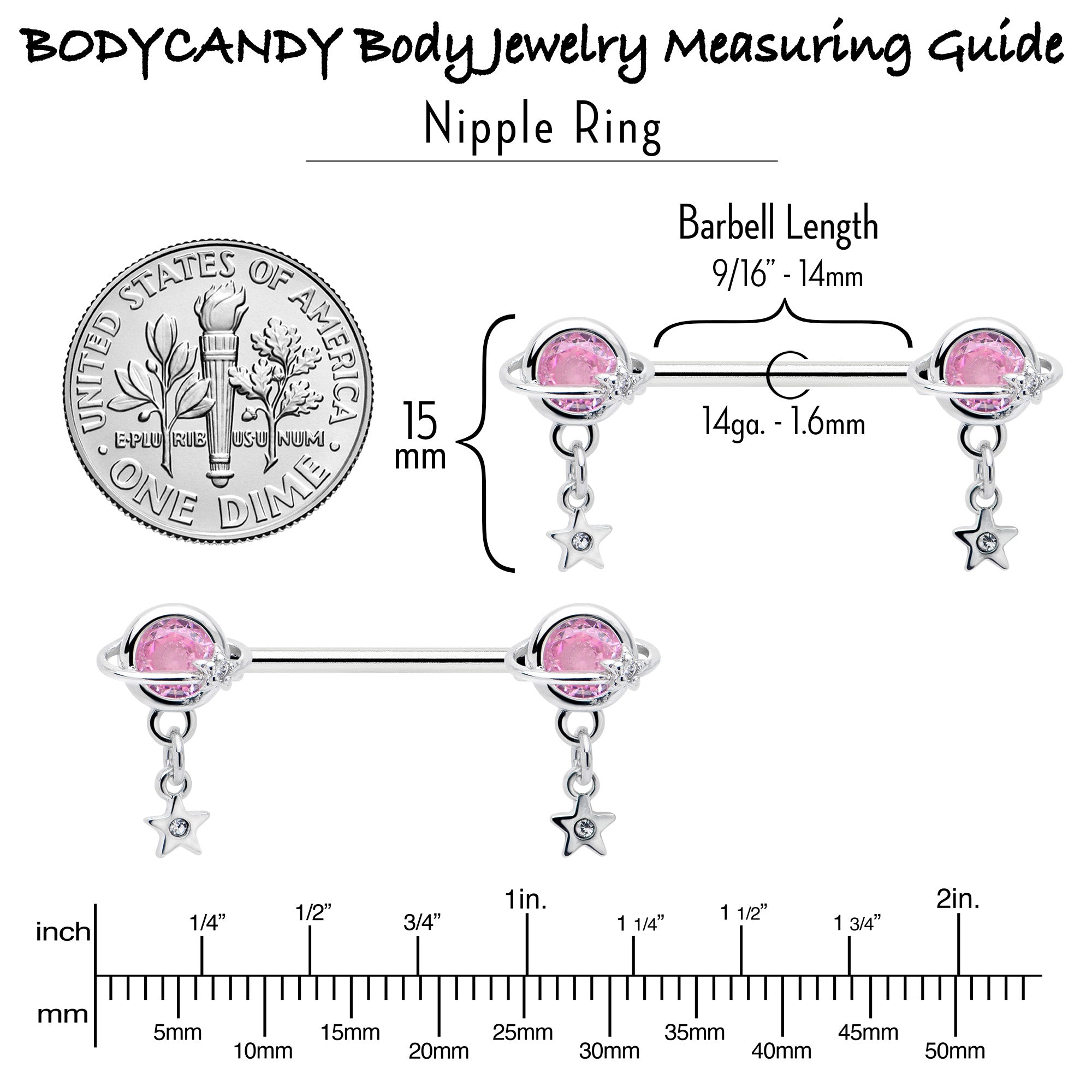 14G 9/16 Pink CZ Gem Starry Saturn Dangle Nipple Ring Set