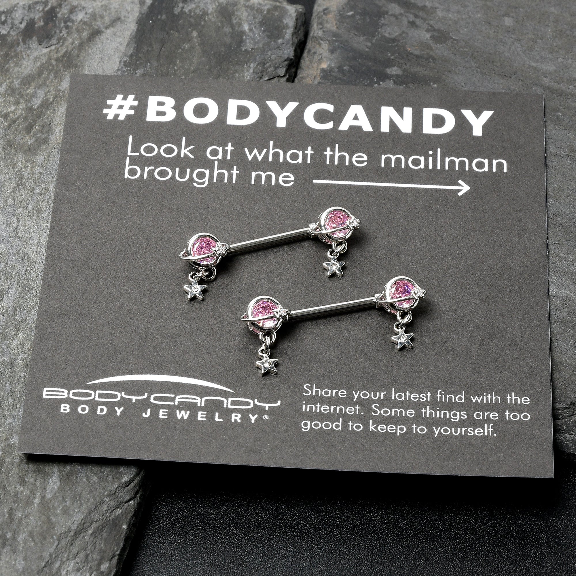 14G 9/16 Pink CZ Gem Starry Saturn Dangle Nipple Ring Set