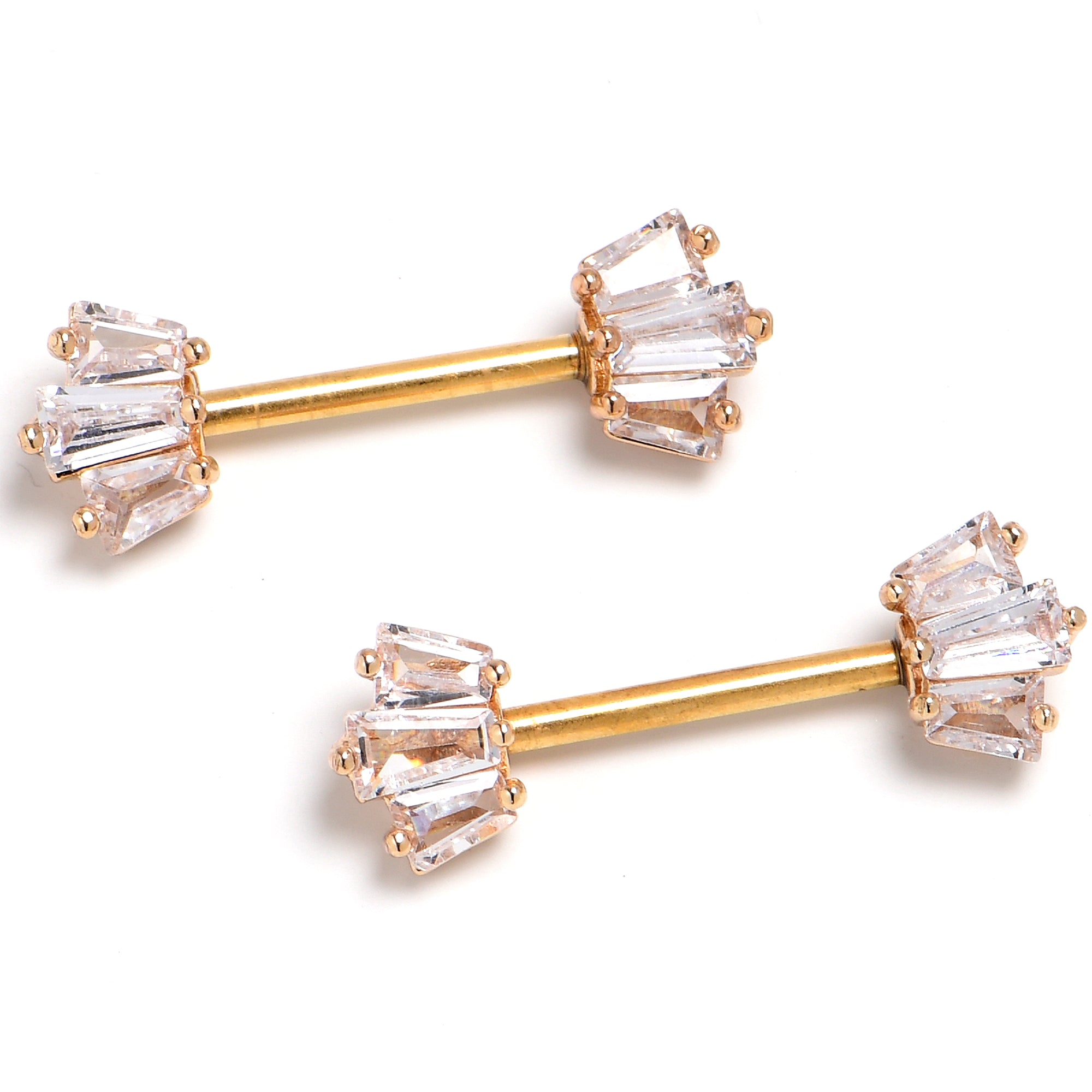 14G 9/16 Clear CZ Gem Gold Tone Regal Rectangles Nipple Ring Set