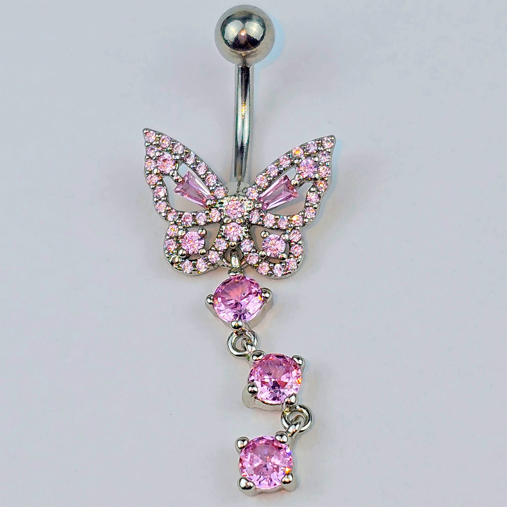 Pink Gem Dramatic Butterfly Dangle Belly Ring