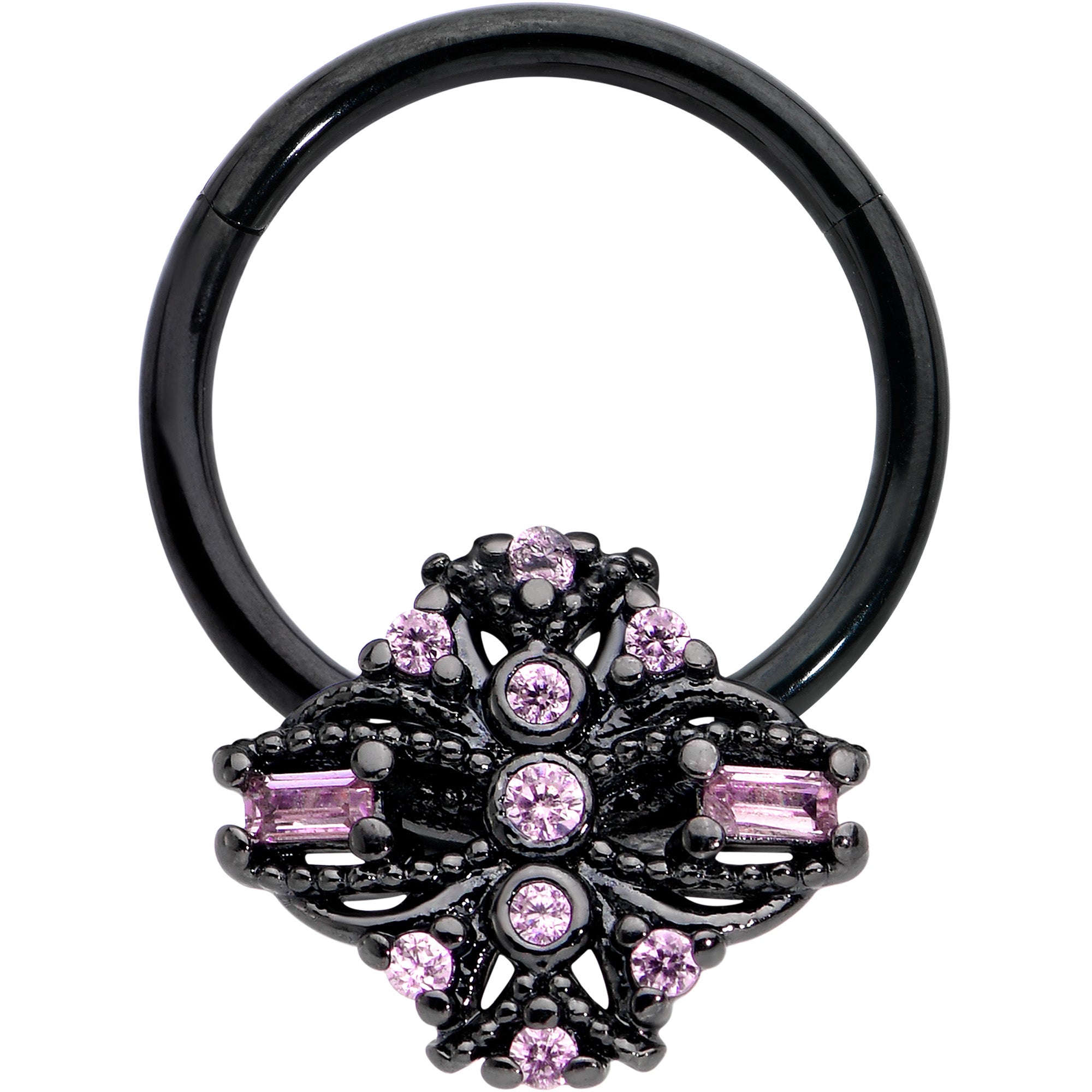 16G 3/8 Pink Gem Black Opulent Cross Hinged Segment Ring