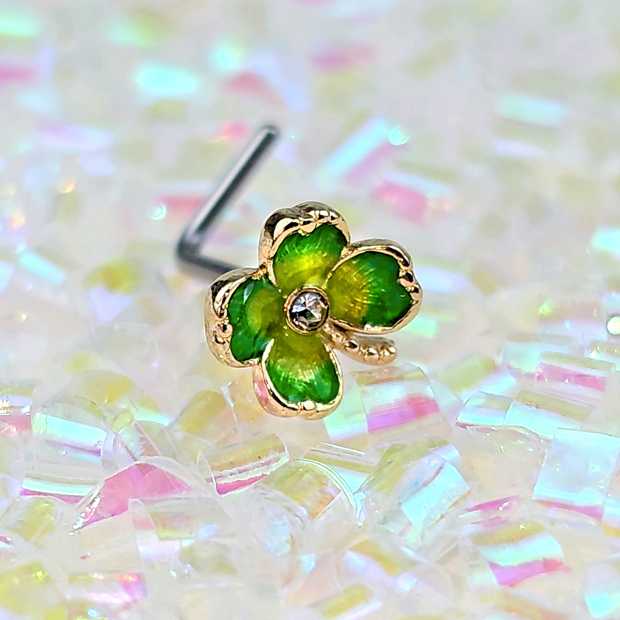 20G 7mm Clear Gem Lucky Shamrock Golden L Shape Nose Ring