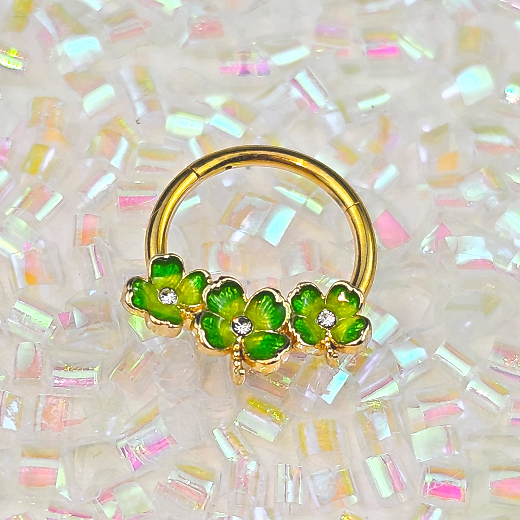 16G 3/8 Clear Gem Gold Tone Lucky Shamrock Hinged Segment Ring